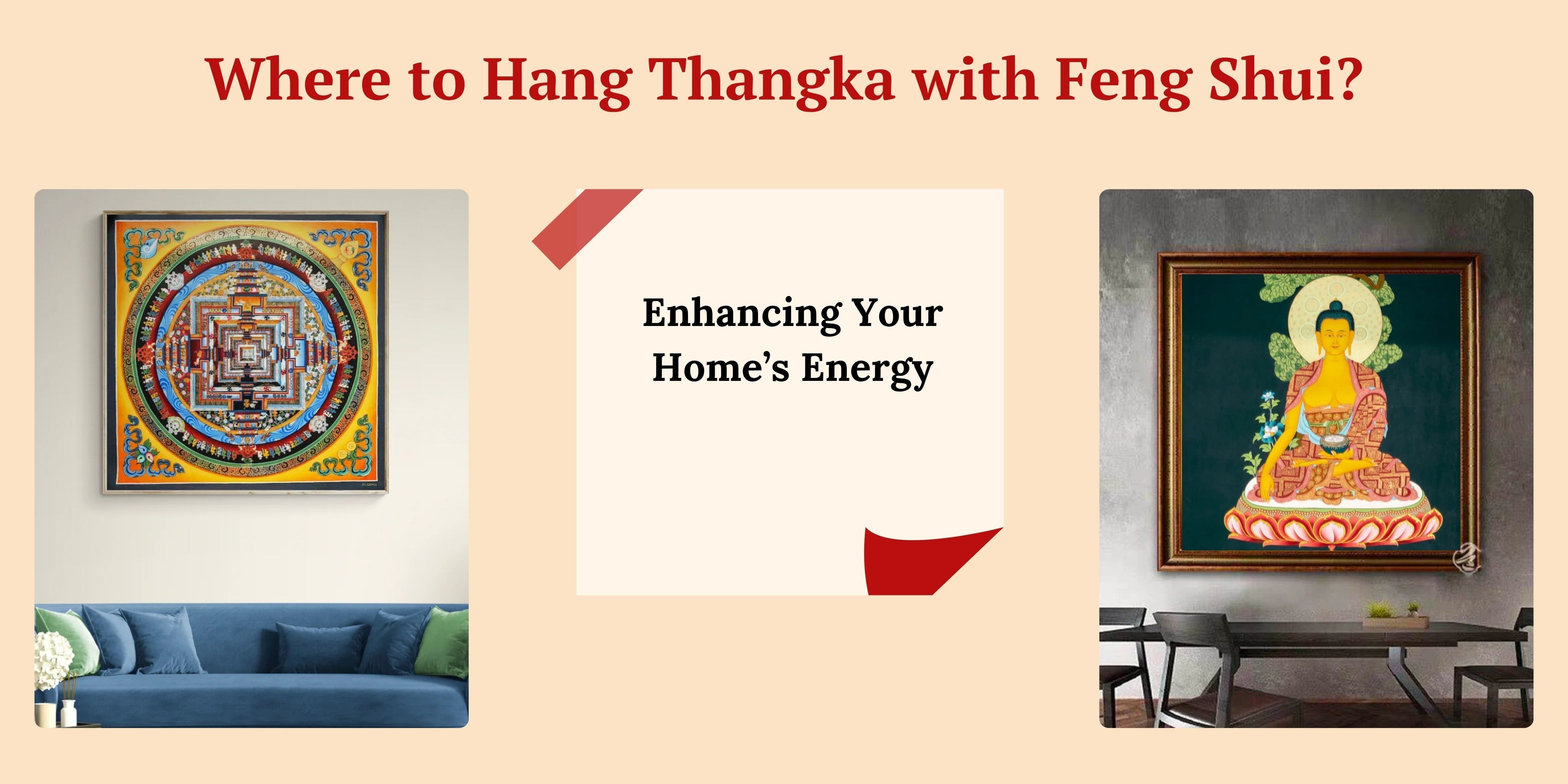 A beautifully hung Tibetan thangka in a serene living space, enhancing the room's energy flow with Feng Shui principles. The artwork features intricate details of a Buddhist deity, softly illuminated to create a peaceful and harmonious atmosphere.