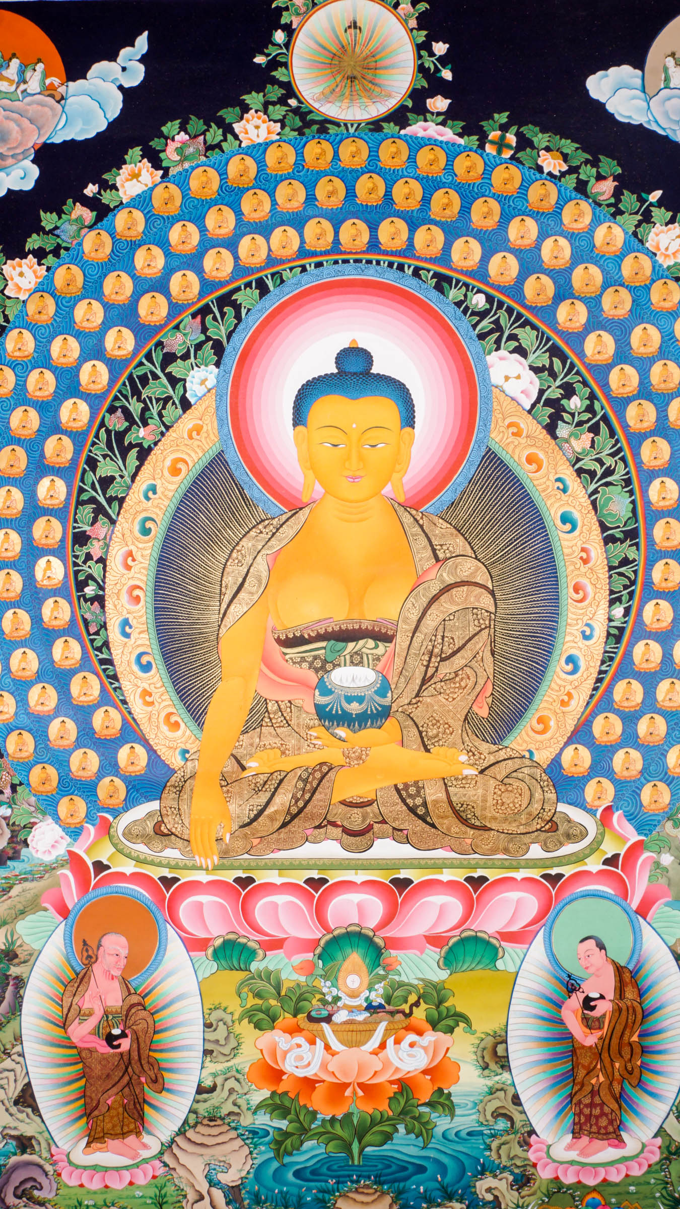 Hand-painted 108 Buddha thangka featuring a central Shakyamuni Buddha seated on a lotus throne, surrounded by 108 small golden Buddhas arranged in sacred mandala formation.