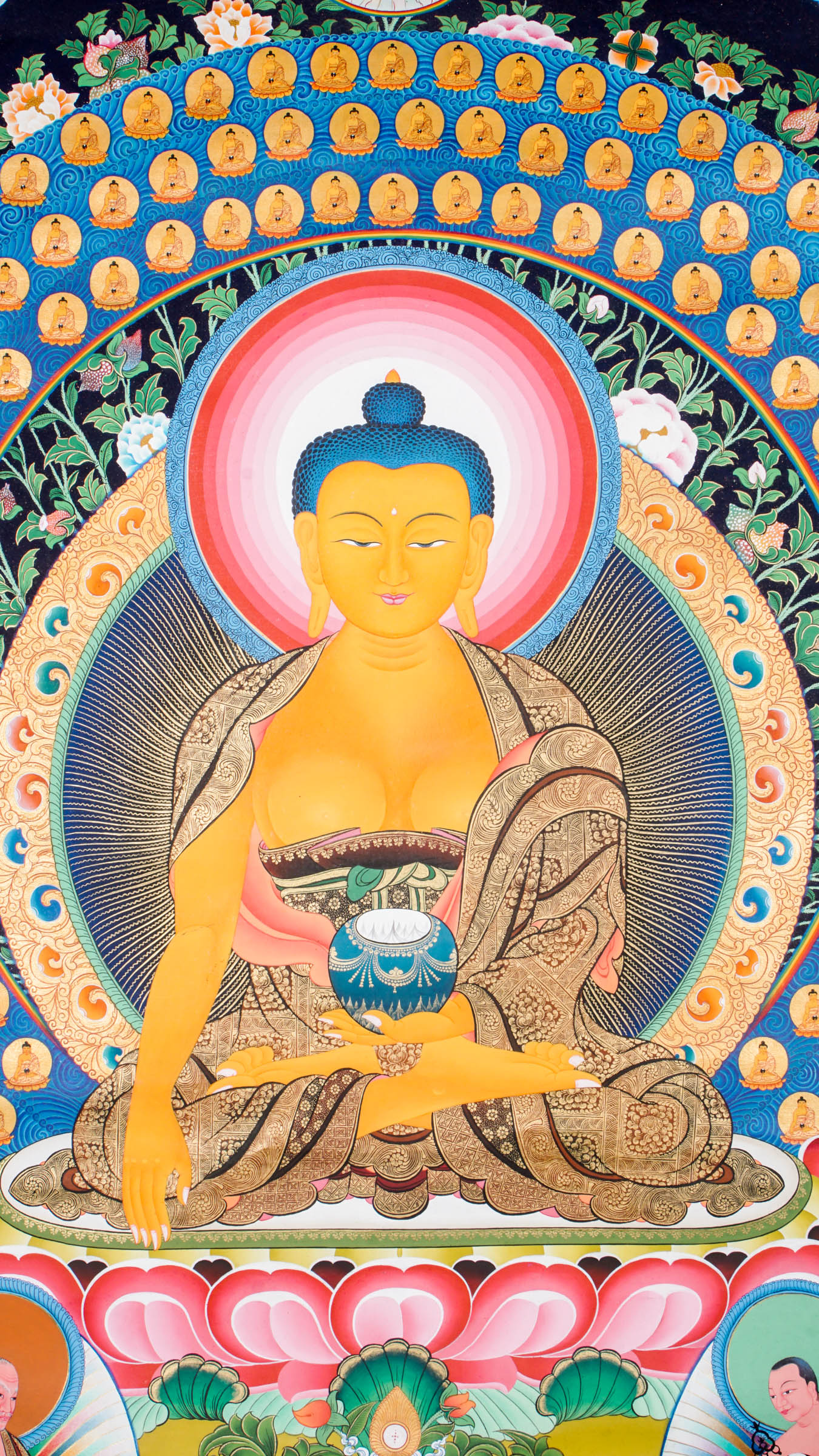 Hand-painted 108 Buddha thangka featuring a central Shakyamuni Buddha seated on a lotus throne, surrounded by 108 small golden Buddhas arranged in sacred mandala formation.