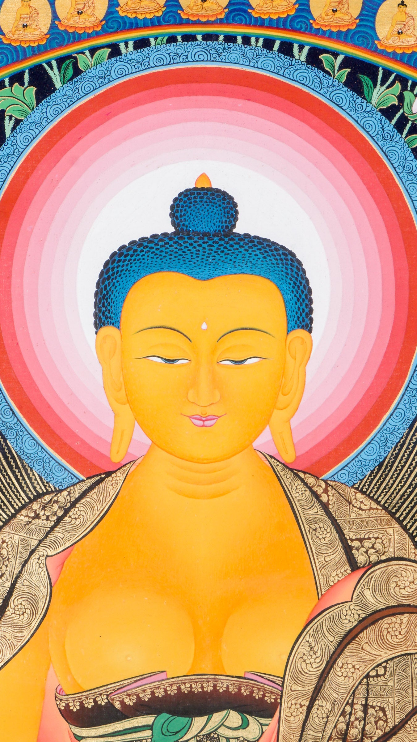 Hand-painted 108 Buddha thangka featuring a central Shakyamuni Buddha seated on a lotus throne, surrounded by 108 small golden Buddhas arranged in sacred mandala formation.