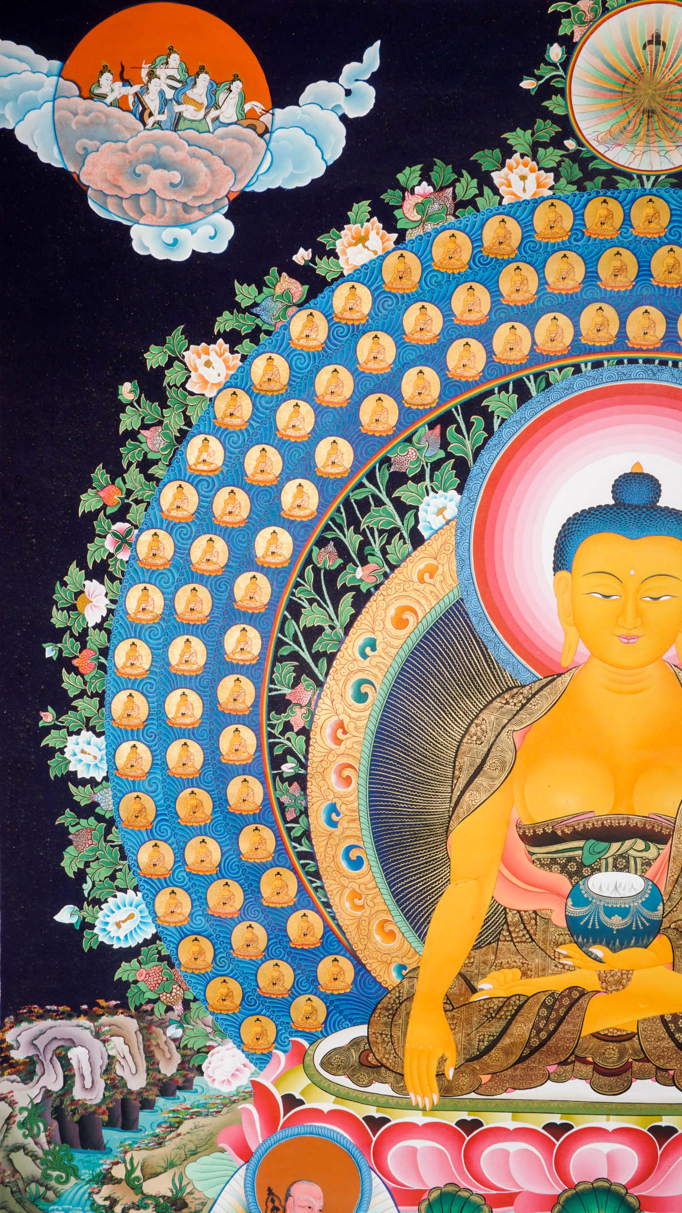 Hand-painted 108 Buddha thangka featuring a central Shakyamuni Buddha seated on a lotus throne, surrounded by 108 small golden Buddhas arranged in sacred mandala formation.