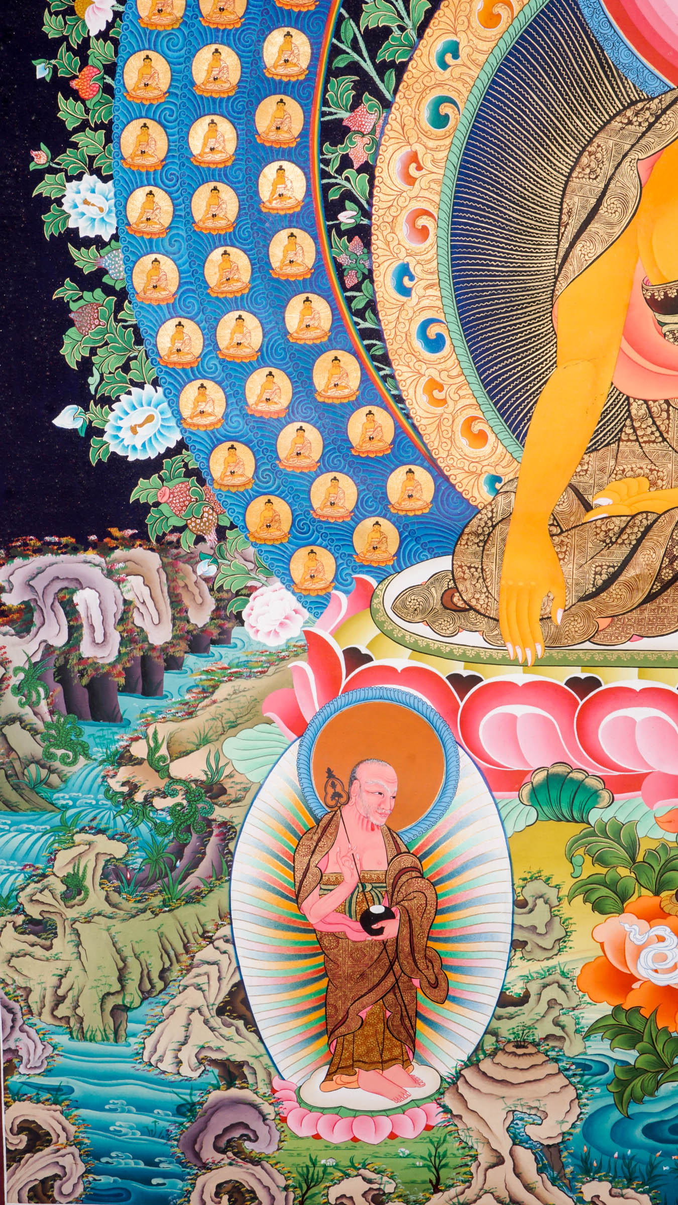 Hand-painted 108 Buddha thangka featuring a central Shakyamuni Buddha seated on a lotus throne, surrounded by 108 small golden Buddhas arranged in sacred mandala formation.