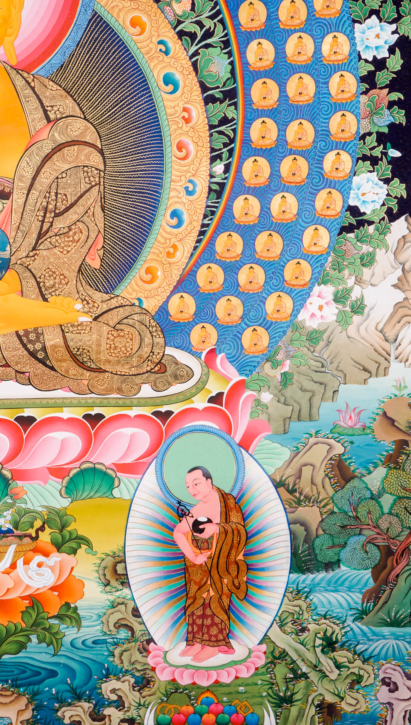 Hand-painted 108 Buddha thangka featuring a central Shakyamuni Buddha seated on a lotus throne, surrounded by 108 small golden Buddhas arranged in sacred mandala formation.