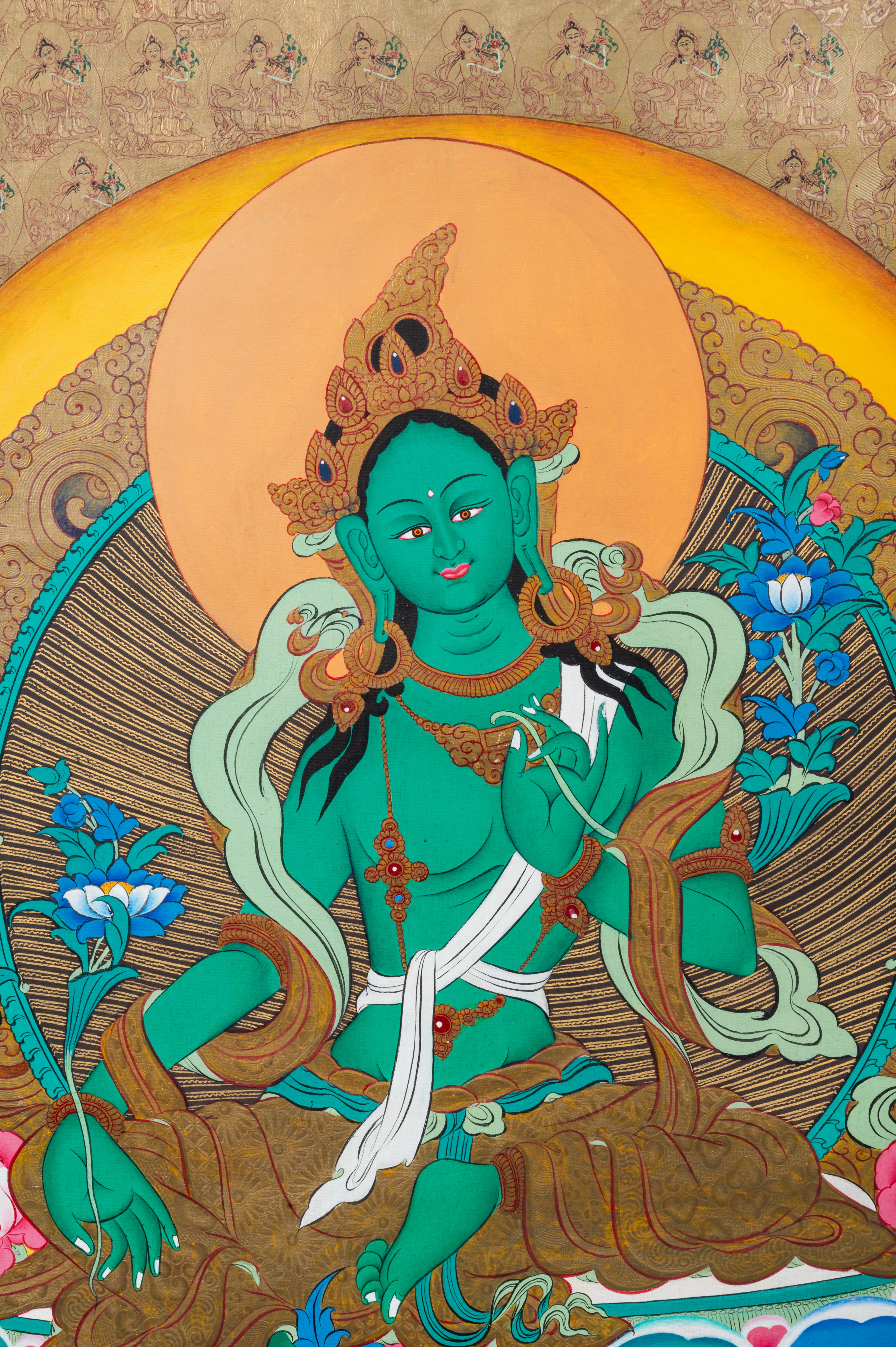 1000 Green Tara thangka painting with central Green Tara surrounded by lotus circles filled with mini Green Taras in traditional Tibetan style.