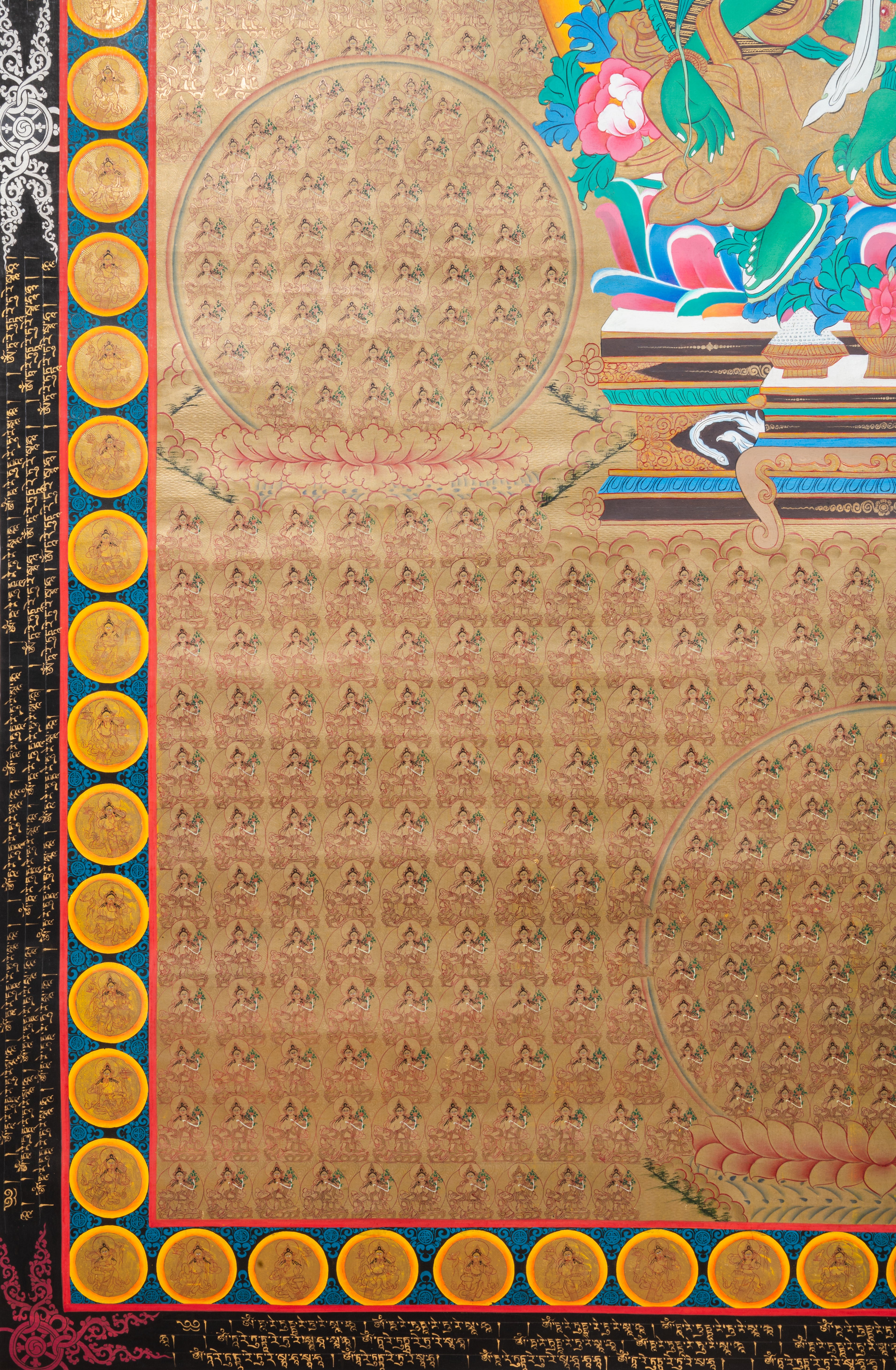 1000 Green Tara thangka painting with central Green Tara surrounded by lotus circles filled with mini Green Taras in traditional Tibetan style
