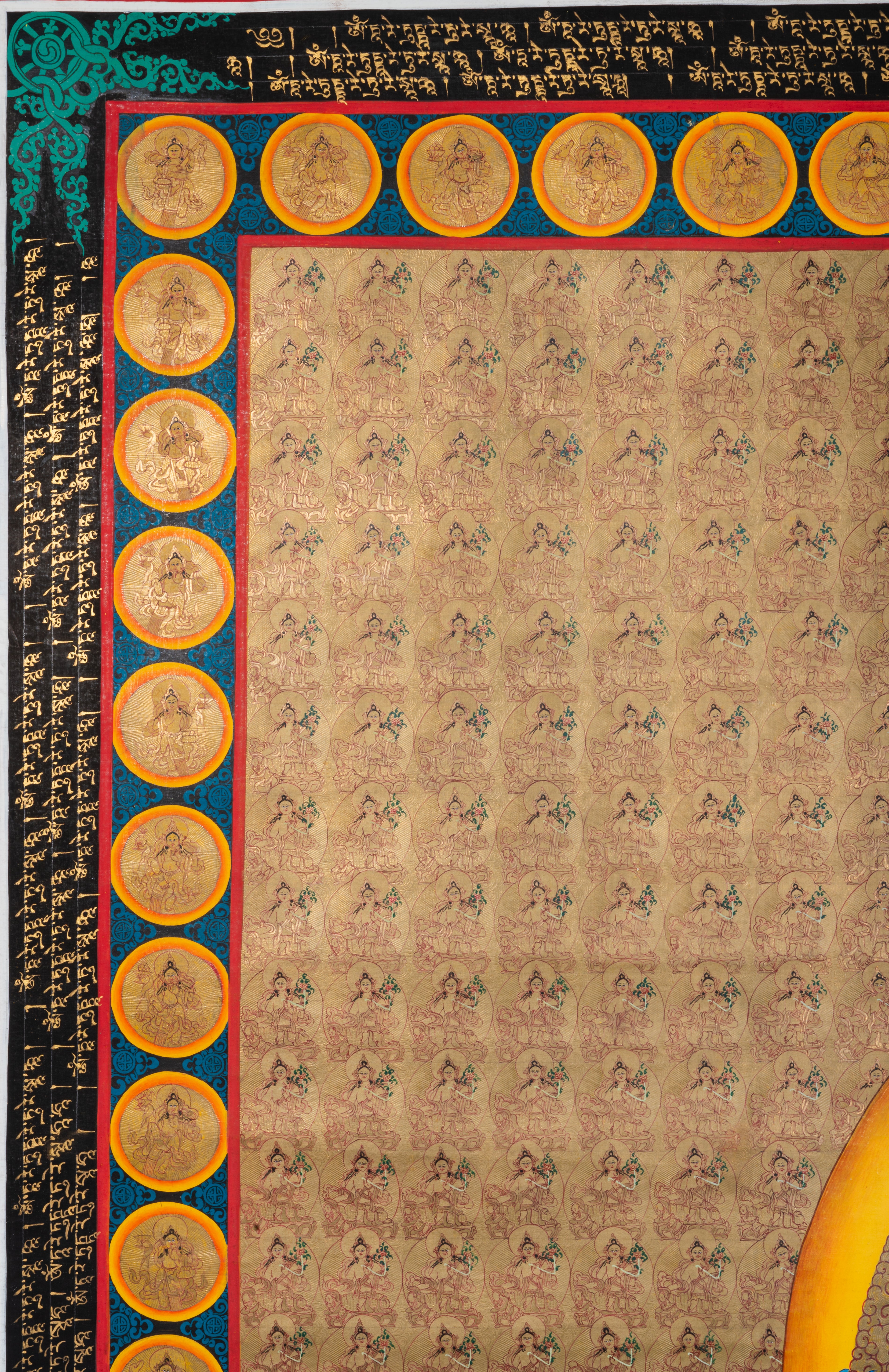 1000 Green Tara thangka painting with central Green Tara surrounded by lotus circles filled with mini Green Taras in traditional Tibetan style.