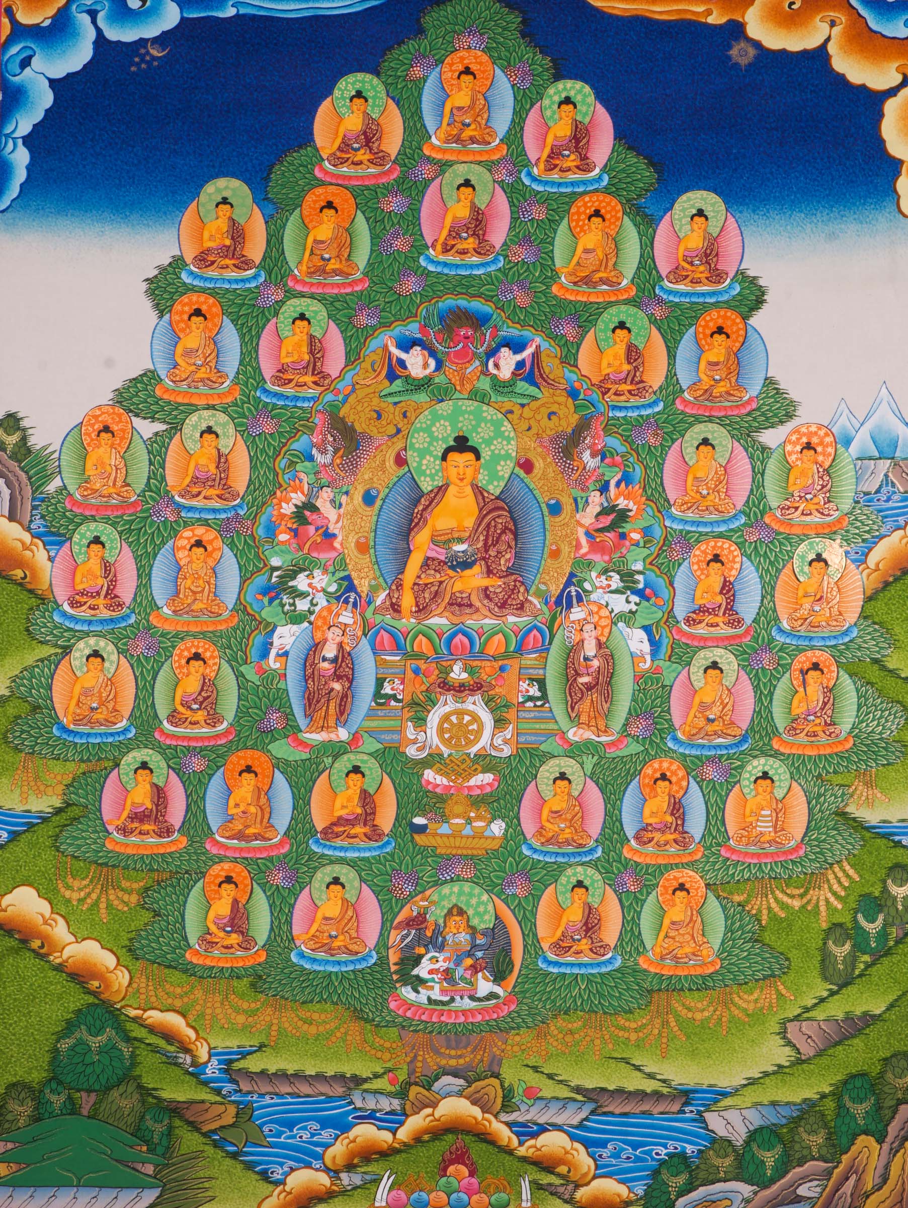 A beautifully hand-painted artwork showcasing 35 Buddha in a tree.