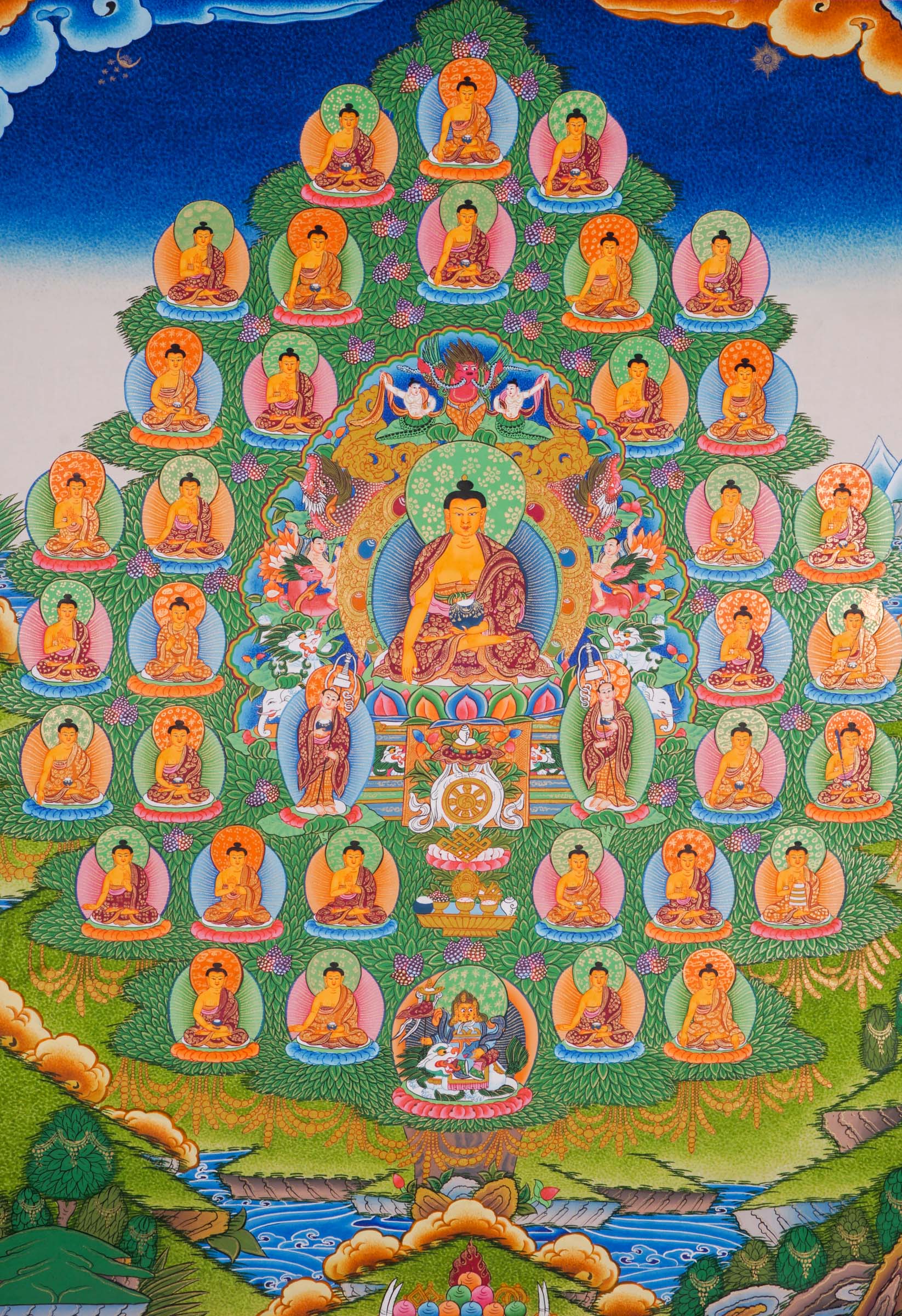 A beautifully hand-painted artwork showcasing 35 Buddha in a tree.
