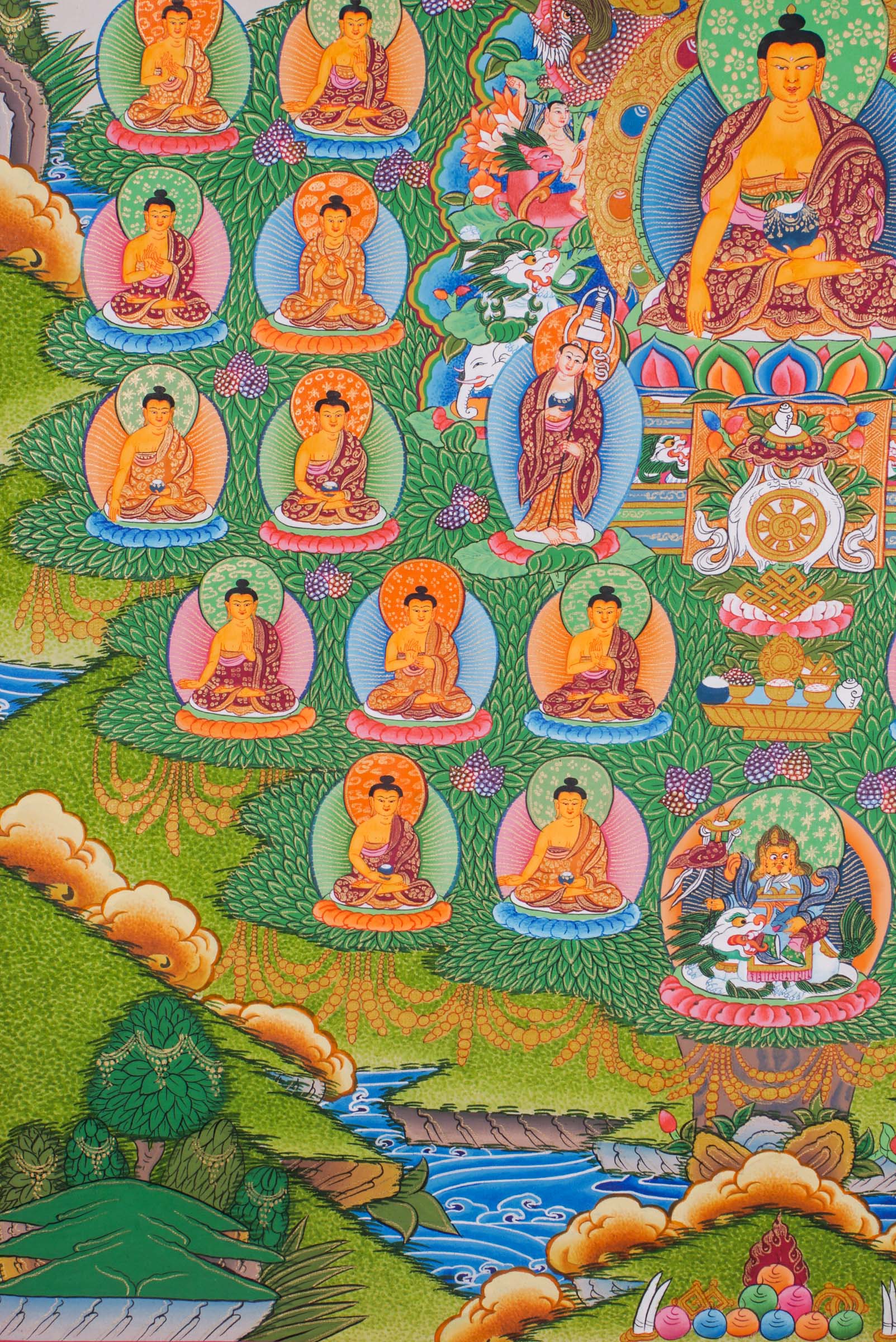A beautifully hand-painted artwork showcasing 35 Buddha in a tree.