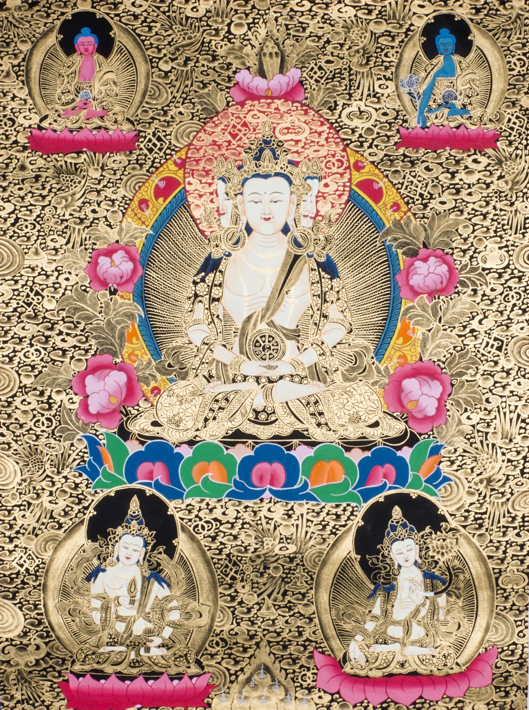 Hand-painted three-faced Vairocana Buddha thangka with 24k gold detailing seated in meditation with serene white form and sacred ornaments.