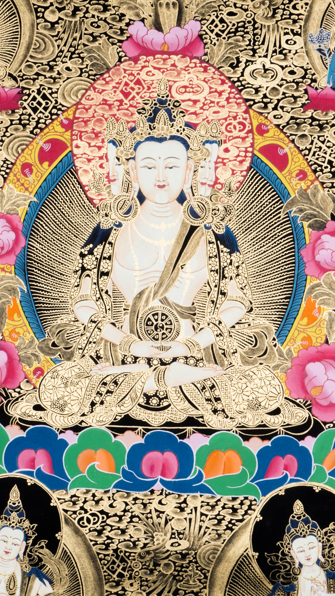 Hand-painted three-faced Vairocana Buddha thangka with 24k gold detailing seated in meditation with serene white form and sacred ornaments.