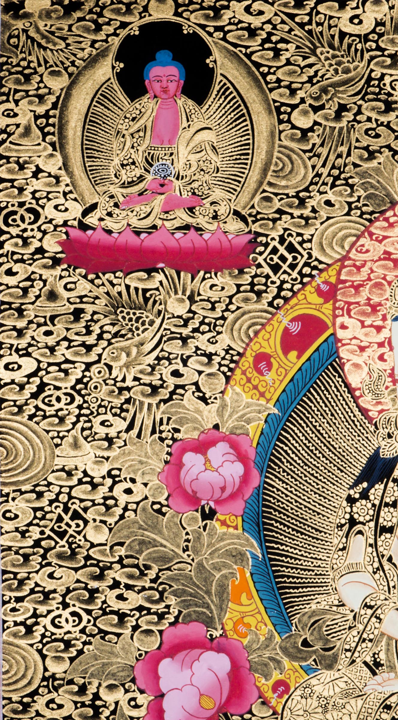 Hand-painted three-faced Vairocana Buddha thangka with 24k gold detailing seated in meditation with serene white form and sacred ornaments.