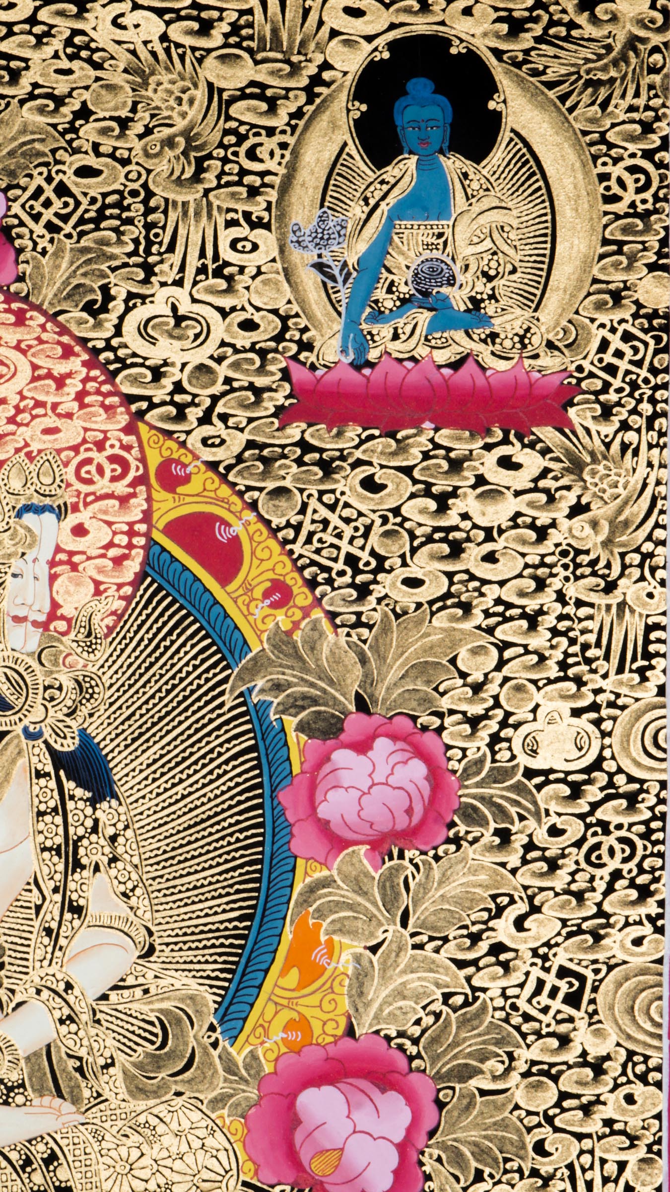 Hand-painted three-faced Vairocana Buddha thangka with 24k gold detailing seated in meditation with serene white form and sacred ornaments.