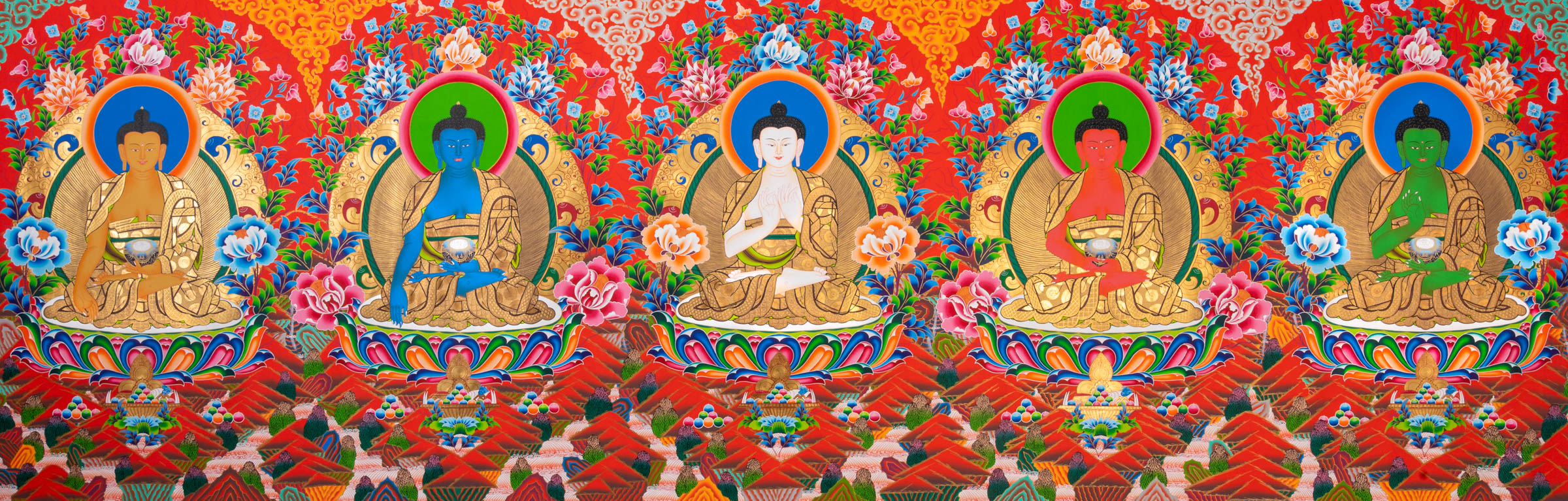 Five Dhyani Buddhas Thangka depicting Vairocana, Akshobhya, Ratnasambhava, Amitabha, and Amoghasiddhi seated on lotus thrones, symbolizing the five wisdoms in traditional hand-painted Tibetan Buddhist art.