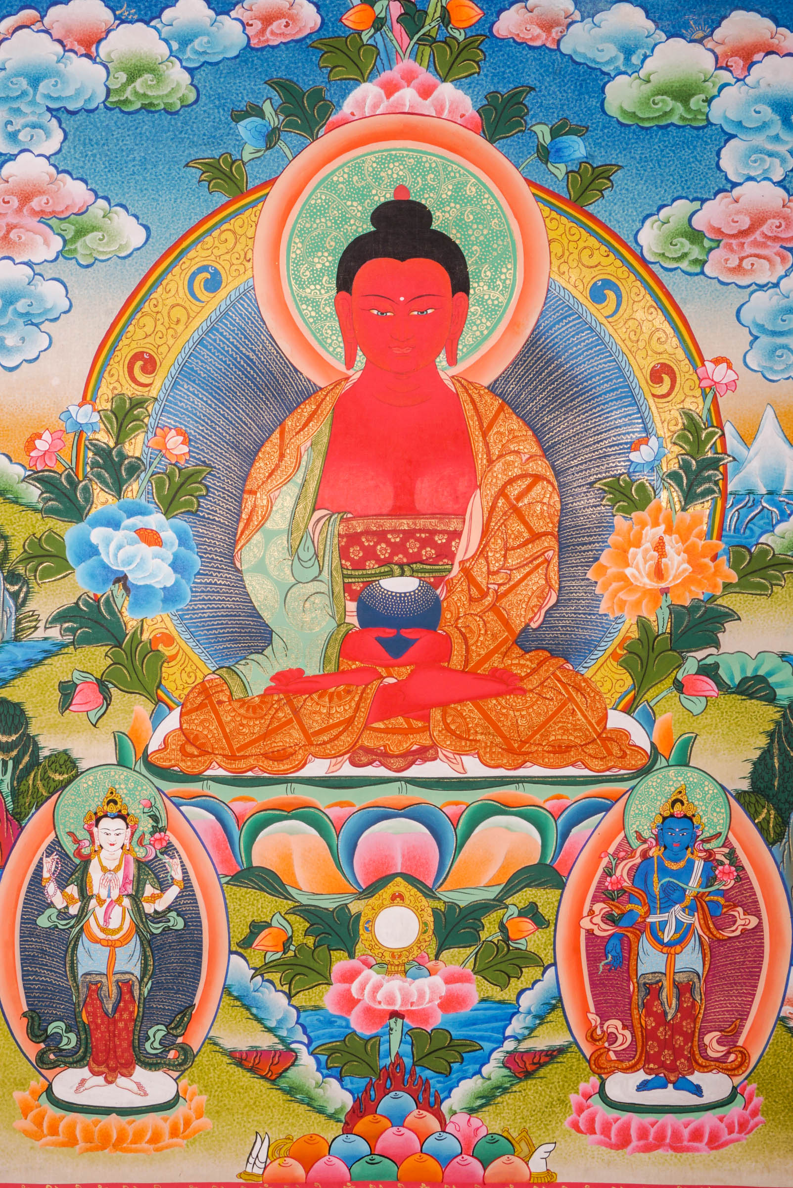 A sacred Amitabha Buddha thangka painting seated peacefully on a vivid lotus throne.