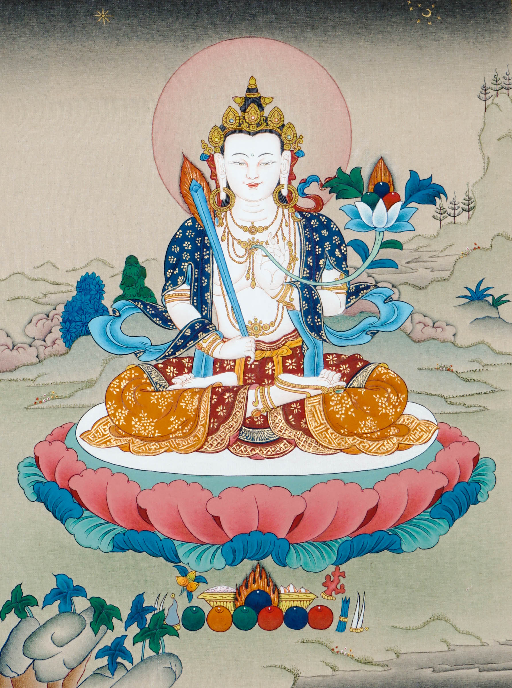Tibetan Buddhist thangka of Akash Bhairav seated in Padmasana, smiling, holding a sword in the right hand and a lotus in the left, hand painted in Kathmandu, Nepal with natural mineral pigments.