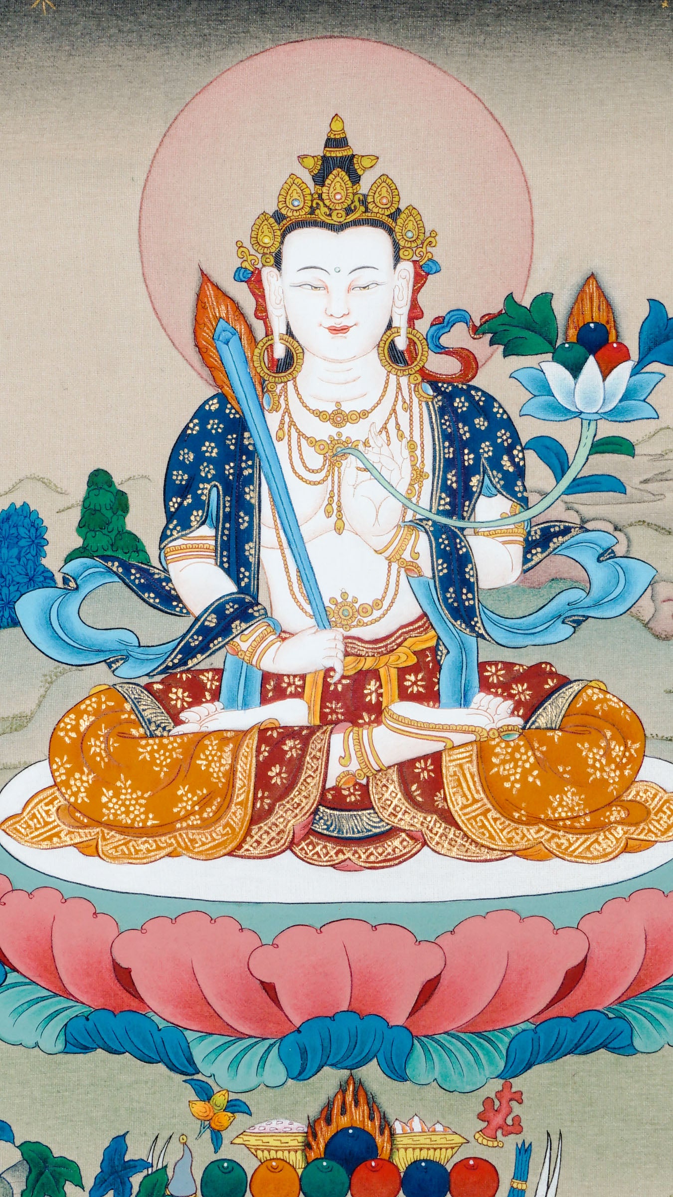 Tibetan Buddhist thangka of Akash Bhairav seated in Padmasana, smiling, holding a sword in the right hand and a lotus in the left, hand painted in Kathmandu, Nepal with natural mineral pigments.