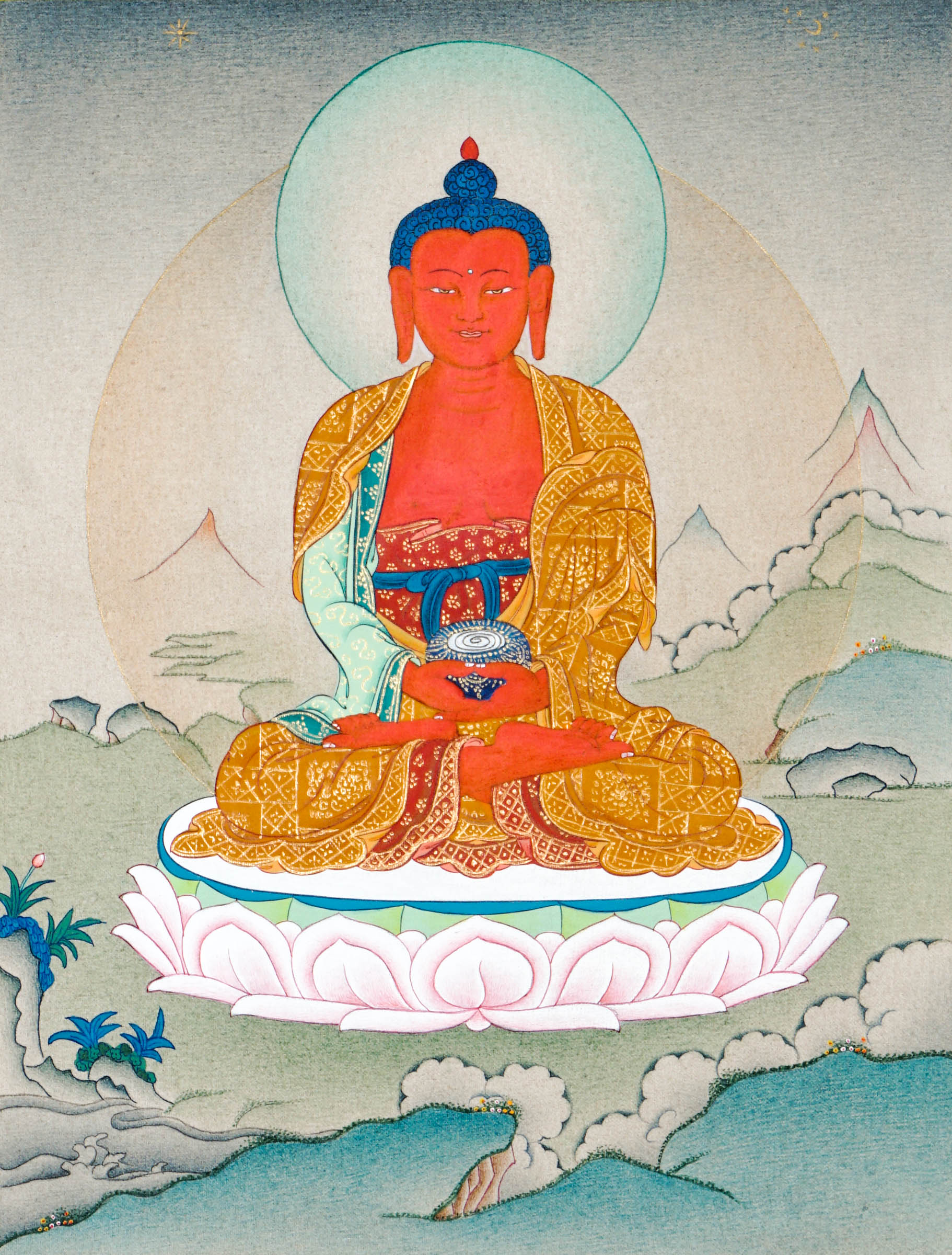 Tibetan Buddhist thangka of Amitabha Buddha seated in Padmasana, holding a begging bowl, depicted in red, hand painted in Kathmandu, Nepal with natural mineral pigments.
