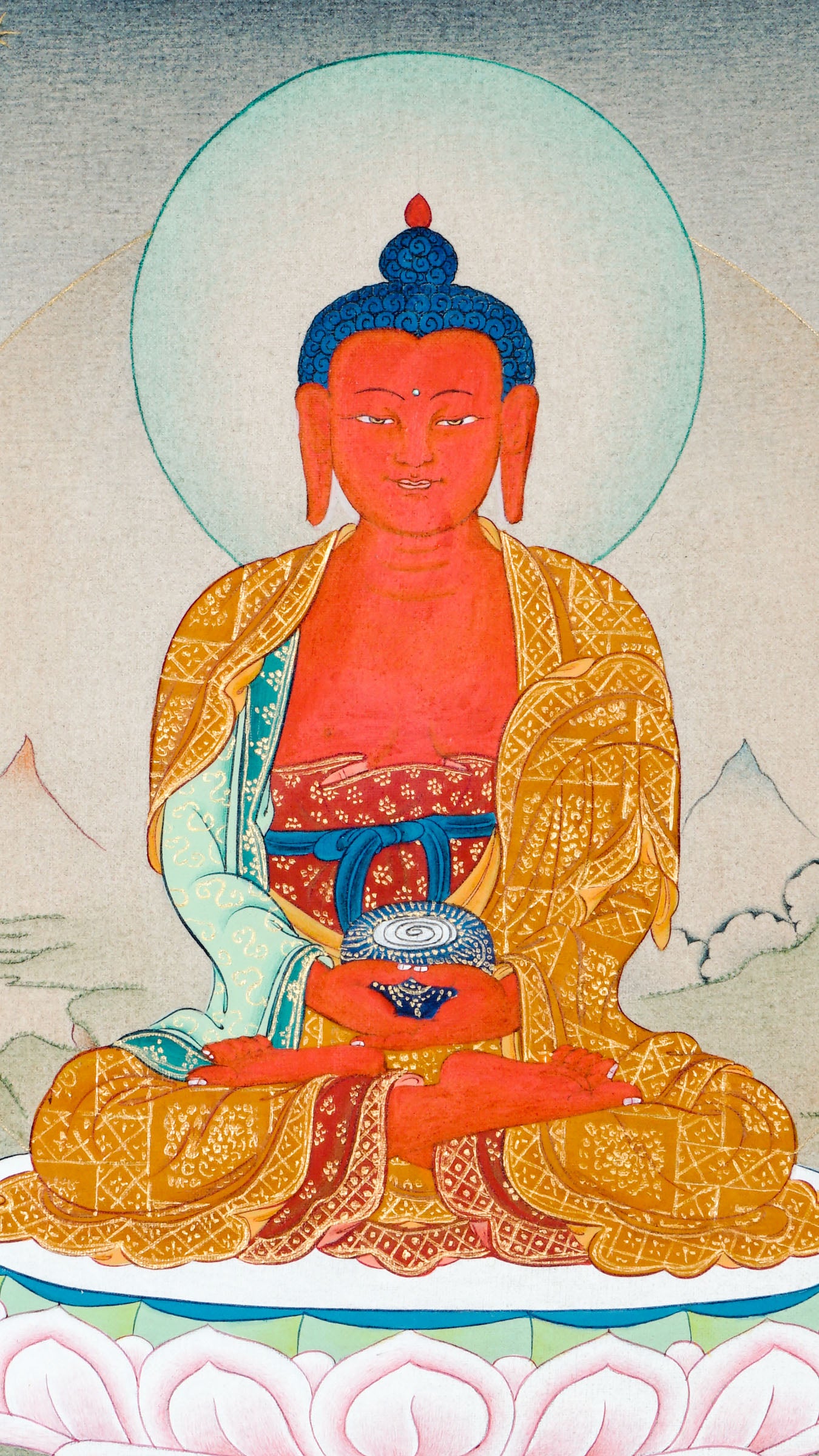 Tibetan Buddhist thangka of Amitabha Buddha seated in Padmasana, holding a begging bowl, depicted in red, hand painted in Kathmandu, Nepal with natural mineral pigments.