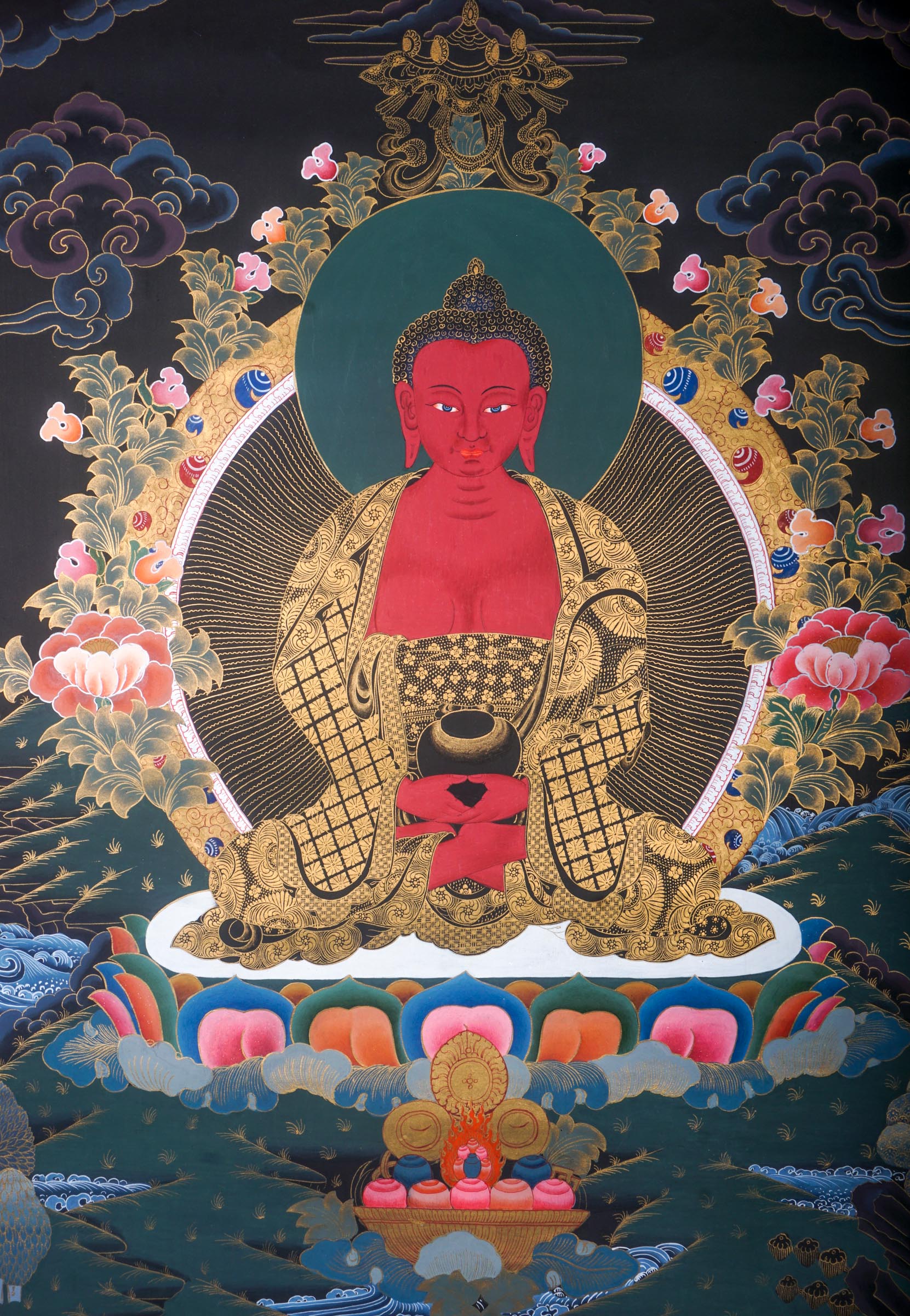 This genuine Tibetan Thangka of Amitabha Buddha beautifully captures his essence as the Buddha of Infinite Light and Life, central to Pure Land Buddhism. Hand-painted with mineral pigments, it brings peace, compassion, and enlightenment into any sacred space.