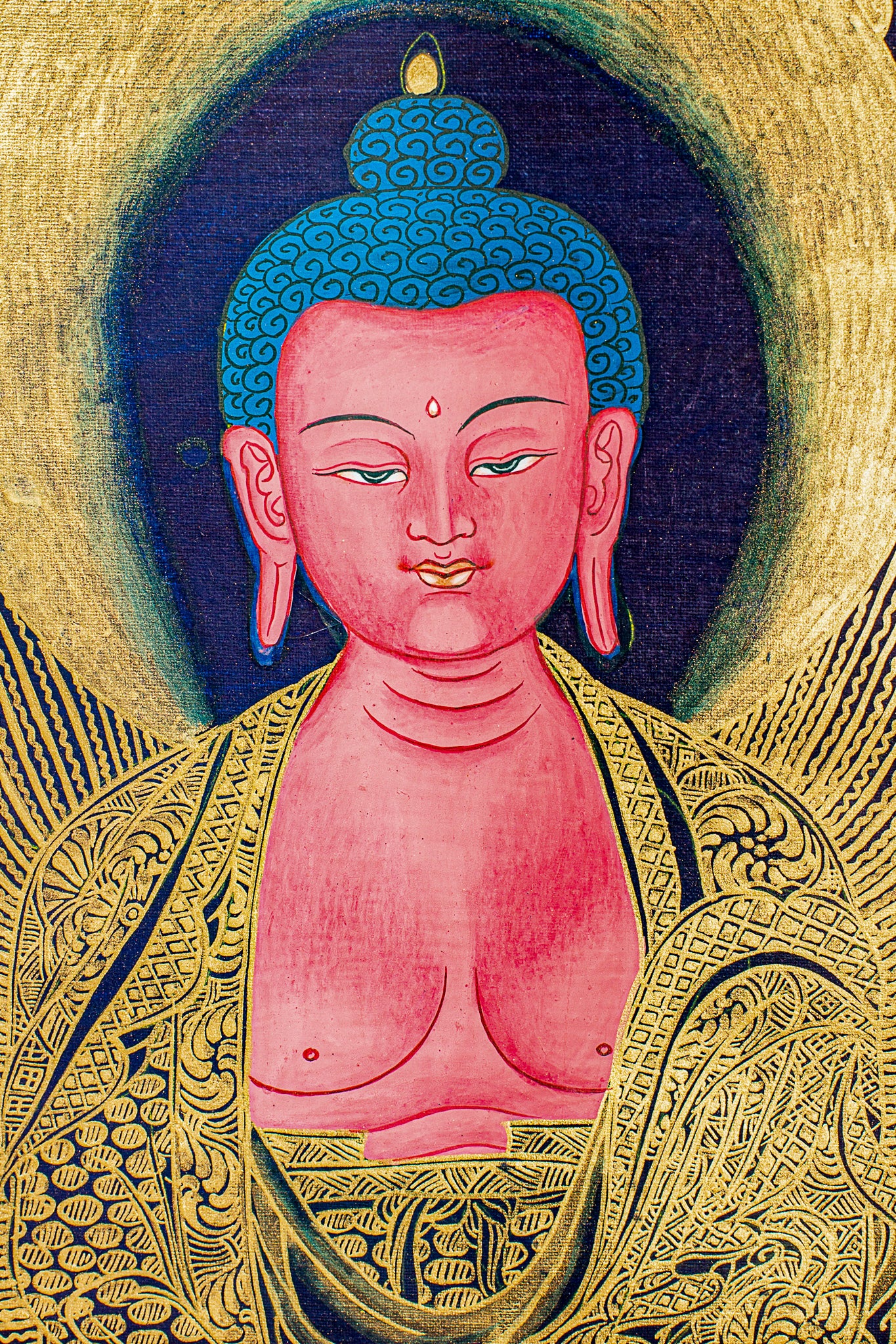 This genuine Tibetan Thangka of Amitabha Buddha embodies the essence of Infinite Light and Infinite Life in Mahayana Buddhism. Hand-painted with natural pigments, it radiates compassion and serenity, making it a sacred centerpiece for meditation and spiritual reflection.