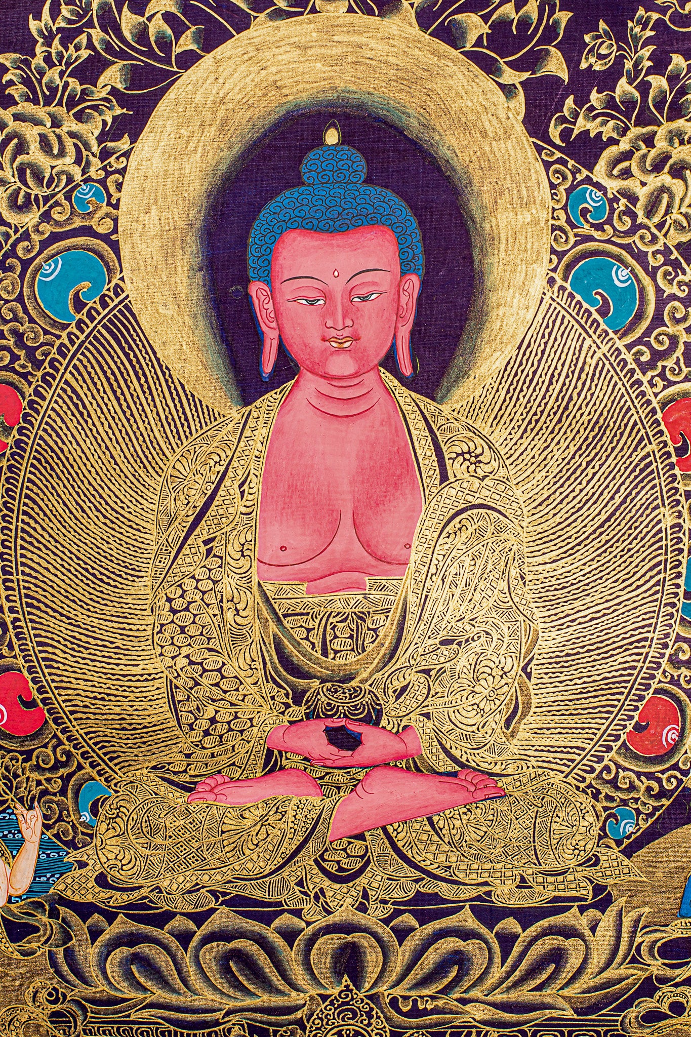 This genuine Tibetan Thangka of Amitabha Buddha embodies the essence of Infinite Light and Infinite Life in Mahayana Buddhism. Hand-painted with natural pigments, it radiates compassion and serenity, making it a sacred centerpiece for meditation and spiritual reflection.