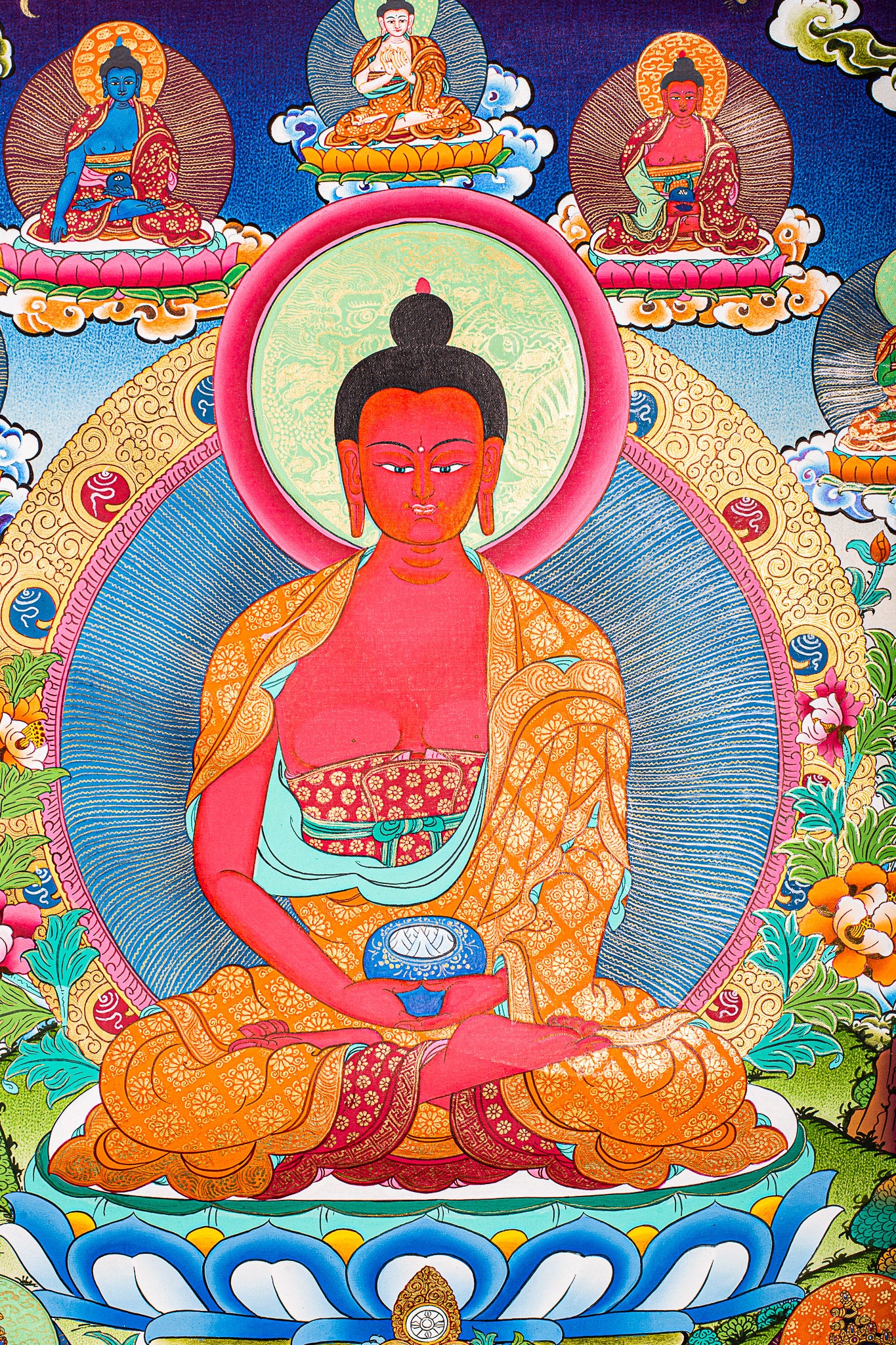 This genuine Tibetan Thangka of Amitabha Buddha symbolizes infinite light and life, guiding Pure Land practitioners toward enlightenment and liberation. Hand-painted with natural mineral pigments, it radiates peace and spiritual depth, perfect for any Buddhist altar or meditation space.artisans.