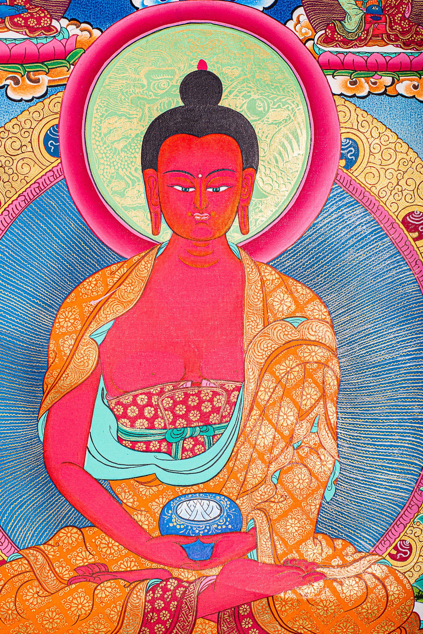 This genuine Tibetan Thangka of Amitabha Buddha symbolizes infinite light and life, guiding Pure Land practitioners toward enlightenment and liberation. Hand-painted with natural mineral pigments, it radiates peace and spiritual depth, perfect for any Buddhist altar or meditation space.