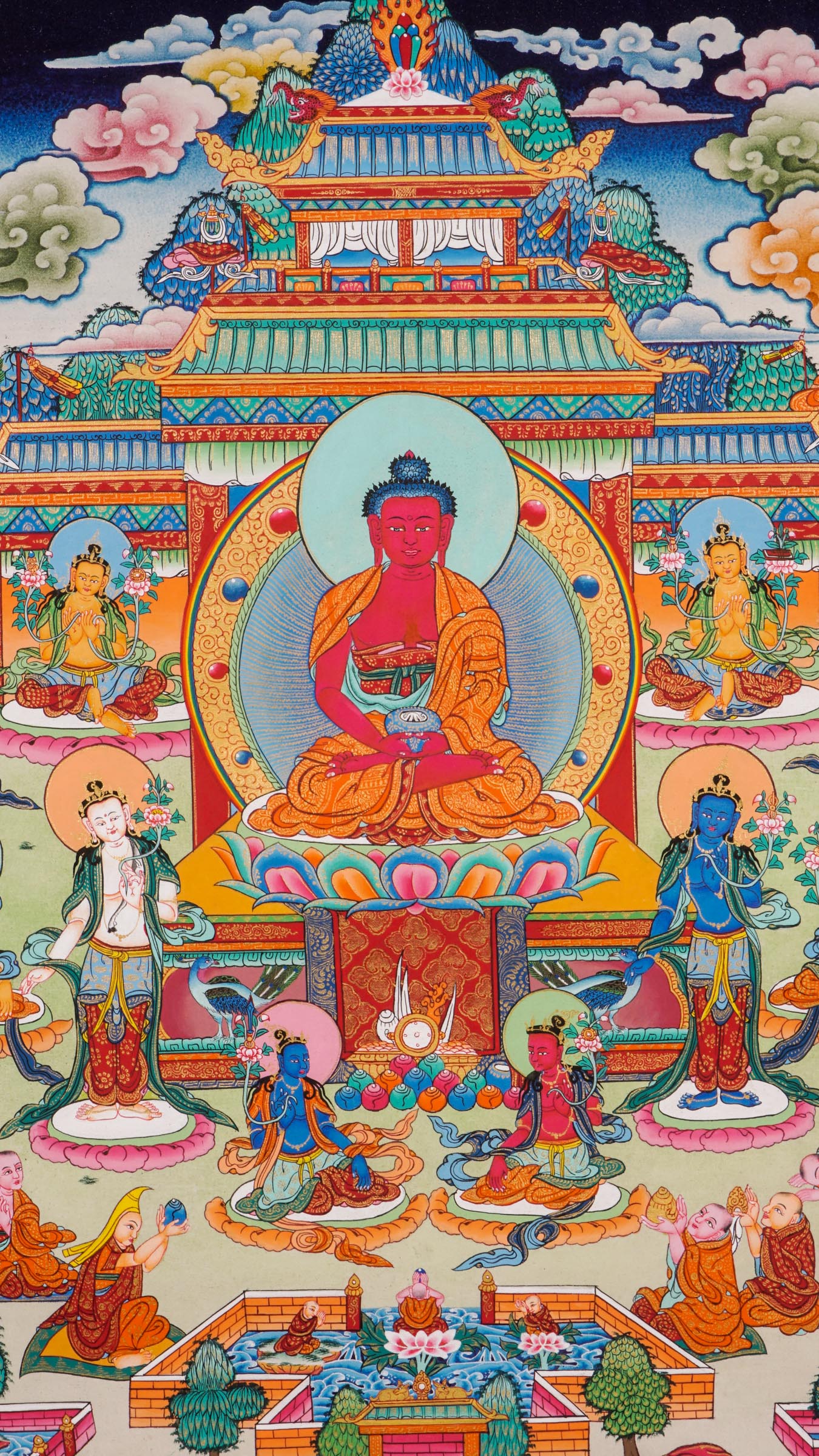 Amitabha Pure Land Thangka -Colorful religious artwork with central figure and attendants