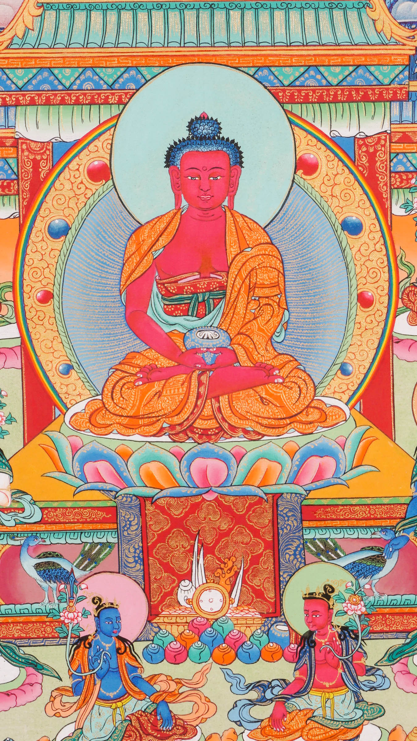 Amitabha (Stone Temple)Thangka -Colorful religious artwork with central figure and attendants