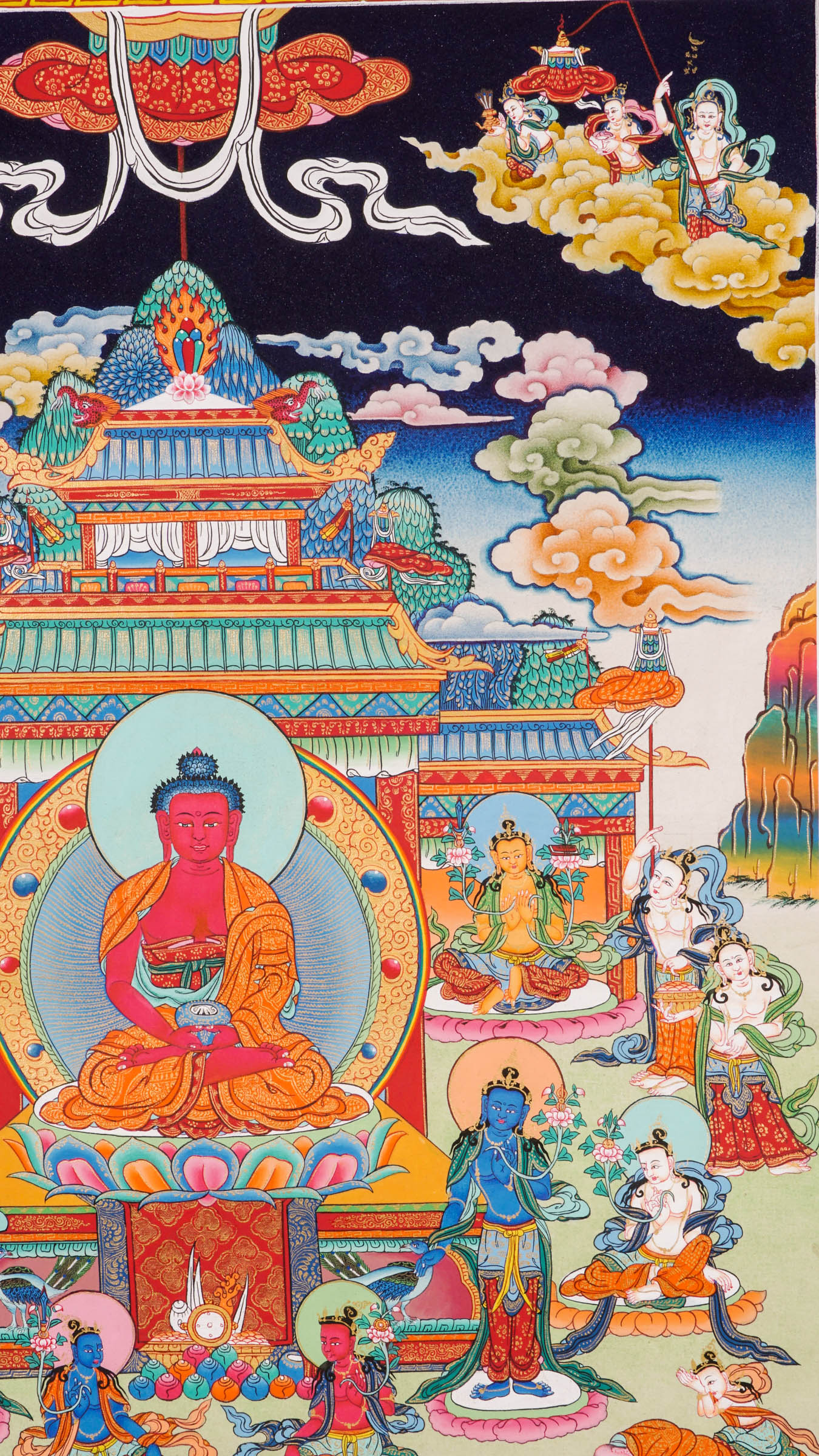 Amitabha (Stone Temple)Thangka -Colorful religious artwork with central figure and attendants