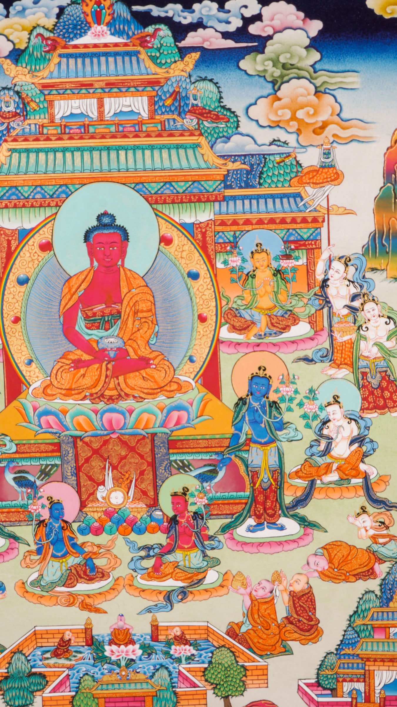 Amitabha (Stone Temple)Thangka -Colorful religious artwork with central figure and attendants