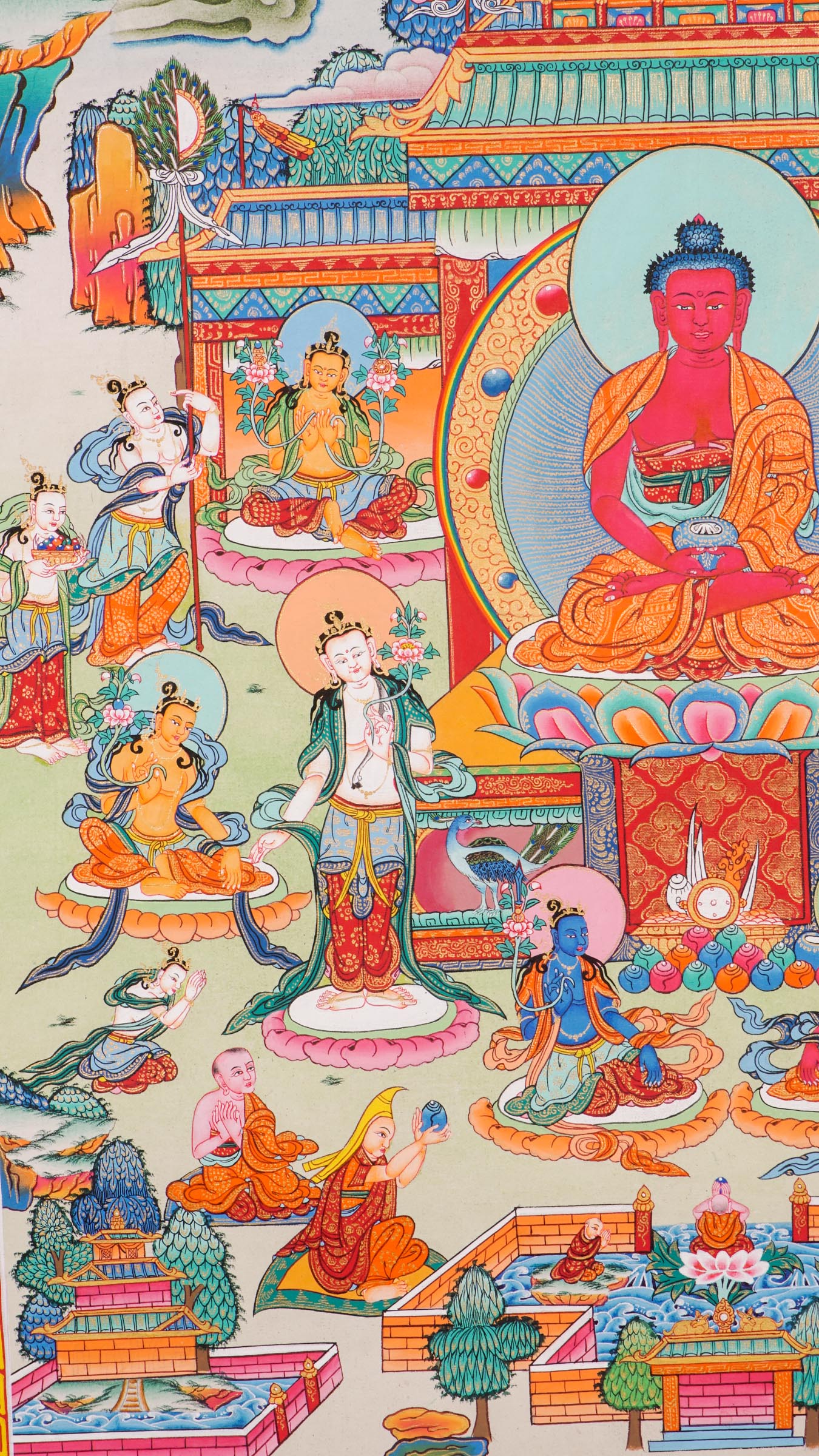 Amitabha (Stone Temple)Thangka -Colorful religious artwork with central figure and attendants