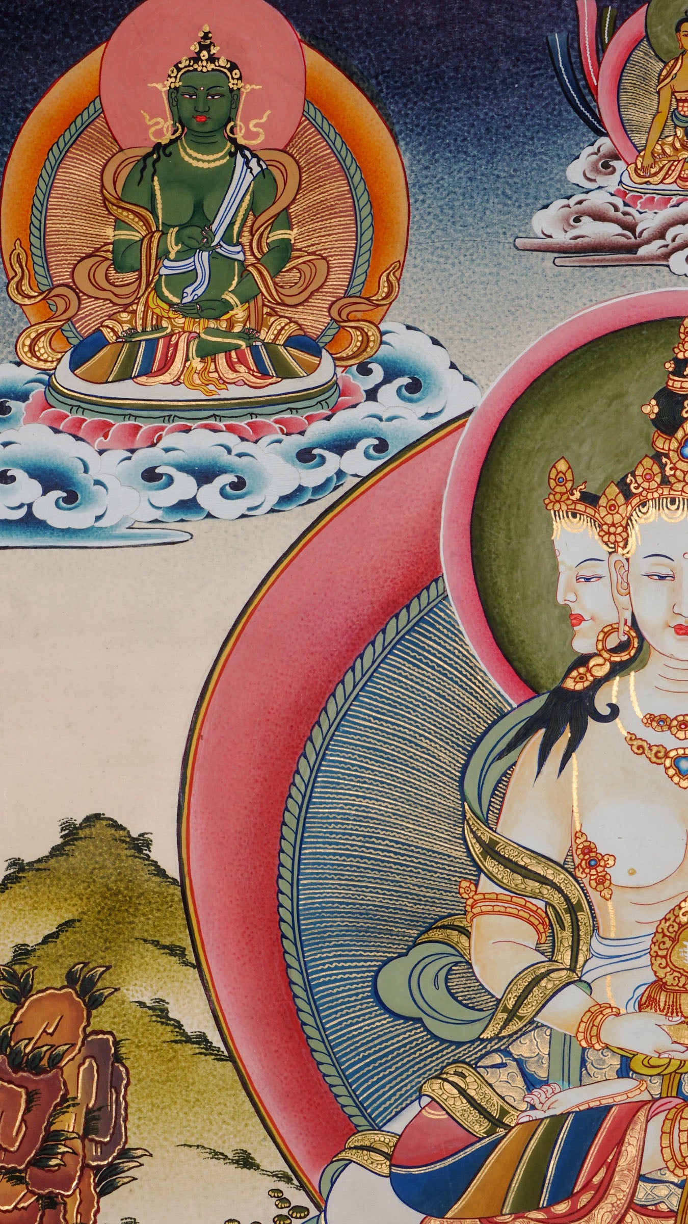 Hand-painted Vairocana Buddha thangka with 24k gold showing central Buddha surrounded by Five Dhyani Buddhas mandala in traditional Tibetan style.