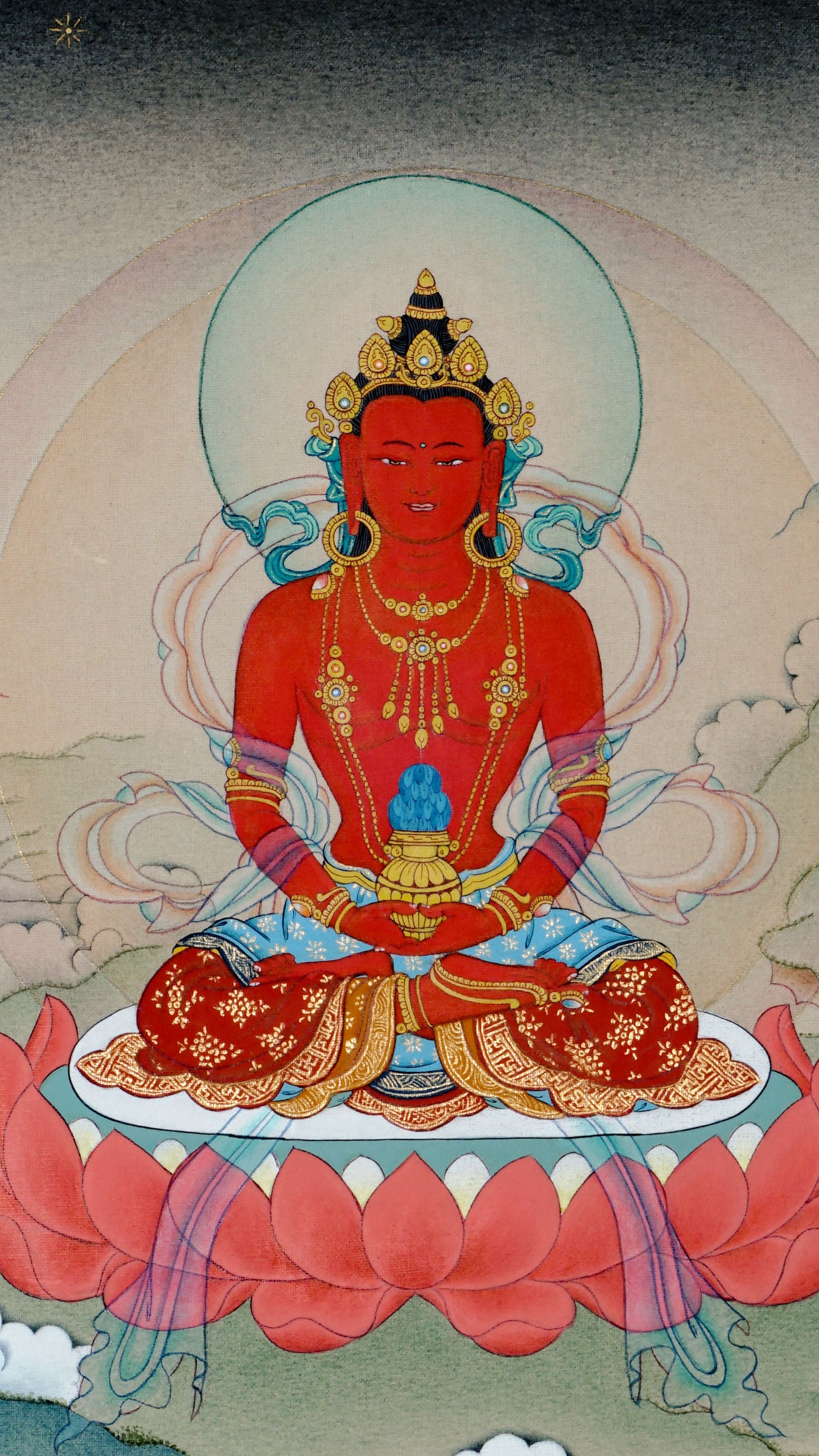 This authentic Tibetan thangka painting of Amitayus, the Buddha of Infinite Life, is hand painted in Kathmandu, Nepal using natural pigments. It depicts Amitayus with a long-life vase and a soft circular aura symbolizing longevity, healing, and enlightened energy, perfect for meditation and sacred spaces.