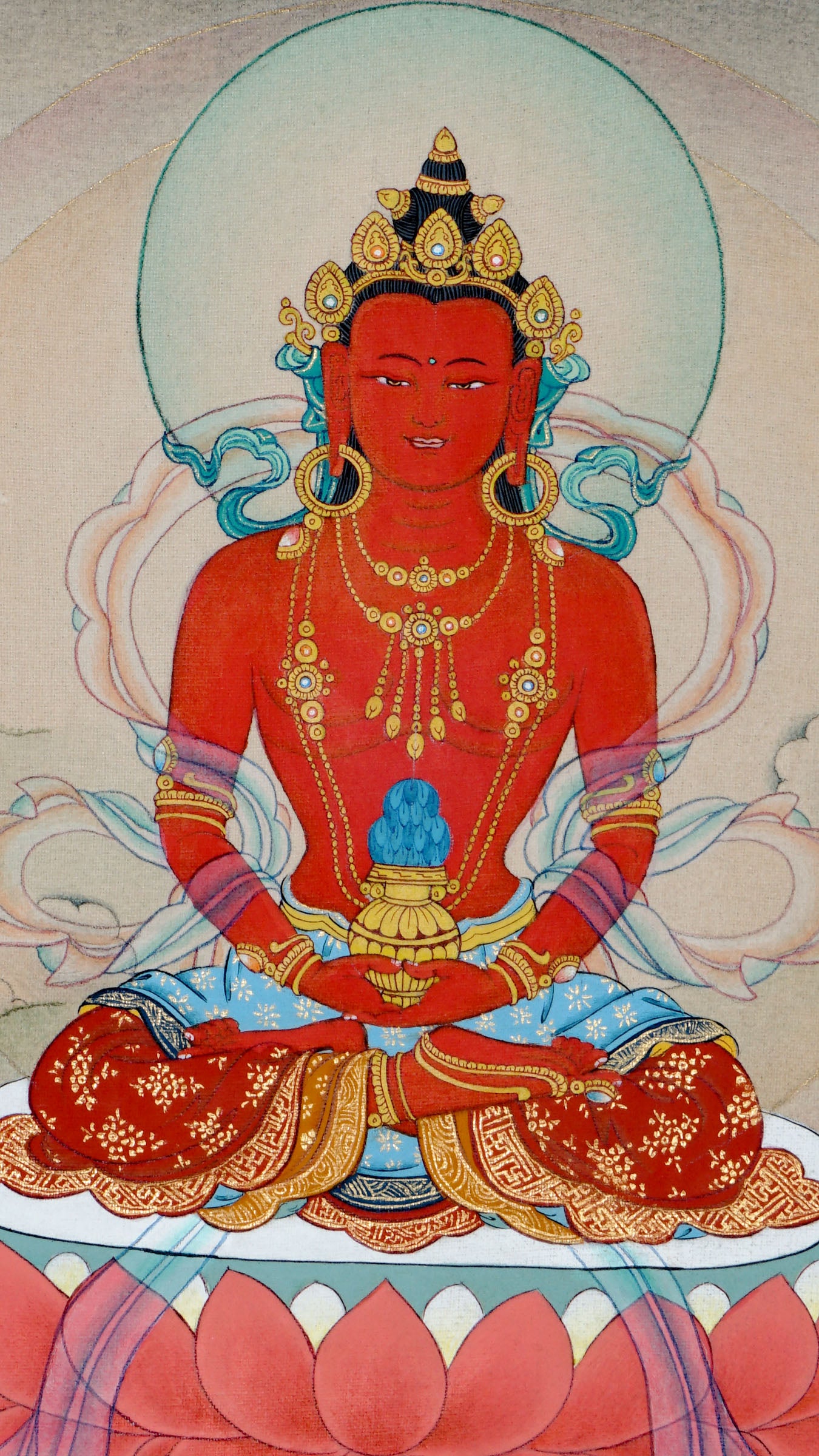 This authentic Tibetan thangka painting of Amitayus, the Buddha of Infinite Life, is hand painted in Kathmandu, Nepal using natural pigments. It depicts Amitayus with a long-life vase and a soft circular aura symbolizing longevity, healing, and enlightened energy, perfect for meditation and sacred spaces.