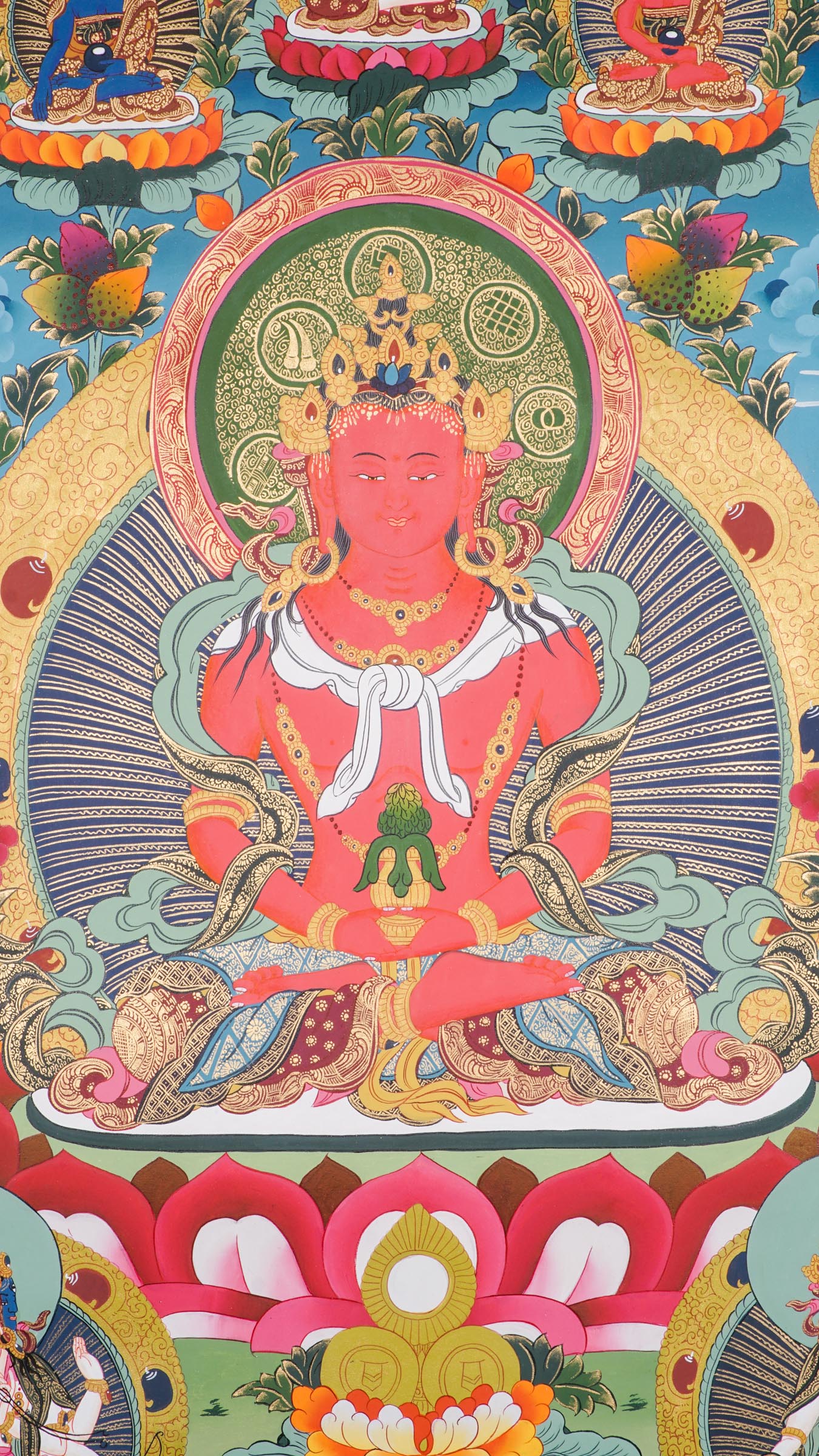 Amitayus Buddha Thangka - A sacred art of Amitayus with Five Dhyani Buddhas representing a unique quality of awakened mind with Namgyalma and White Tara presence.