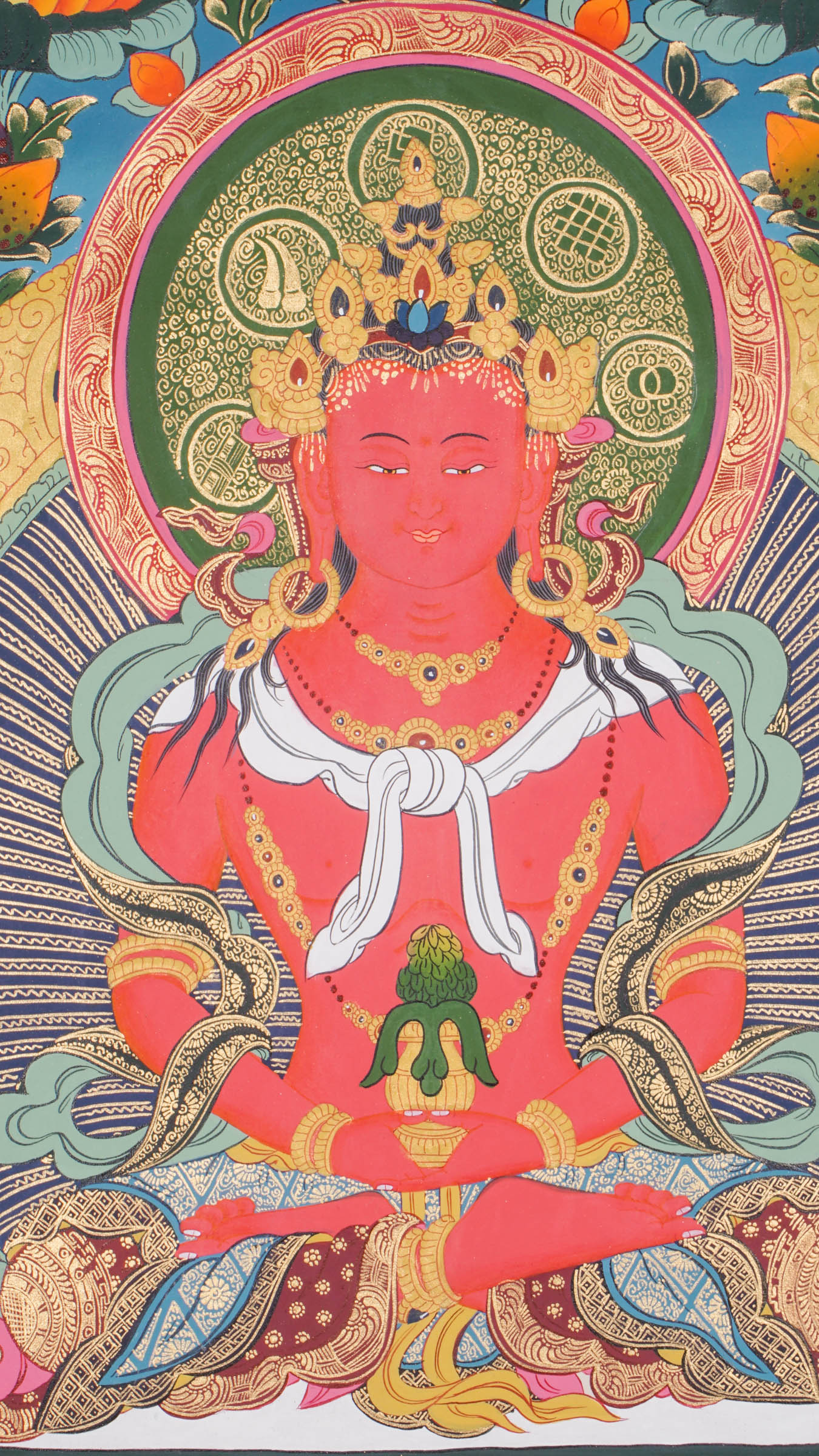 Amitayus Buddha Thangka - A sacred art of Amitayus with Five Dhyani Buddhas representing a unique quality of awakened mind with Namgyalma and White Tara presence.