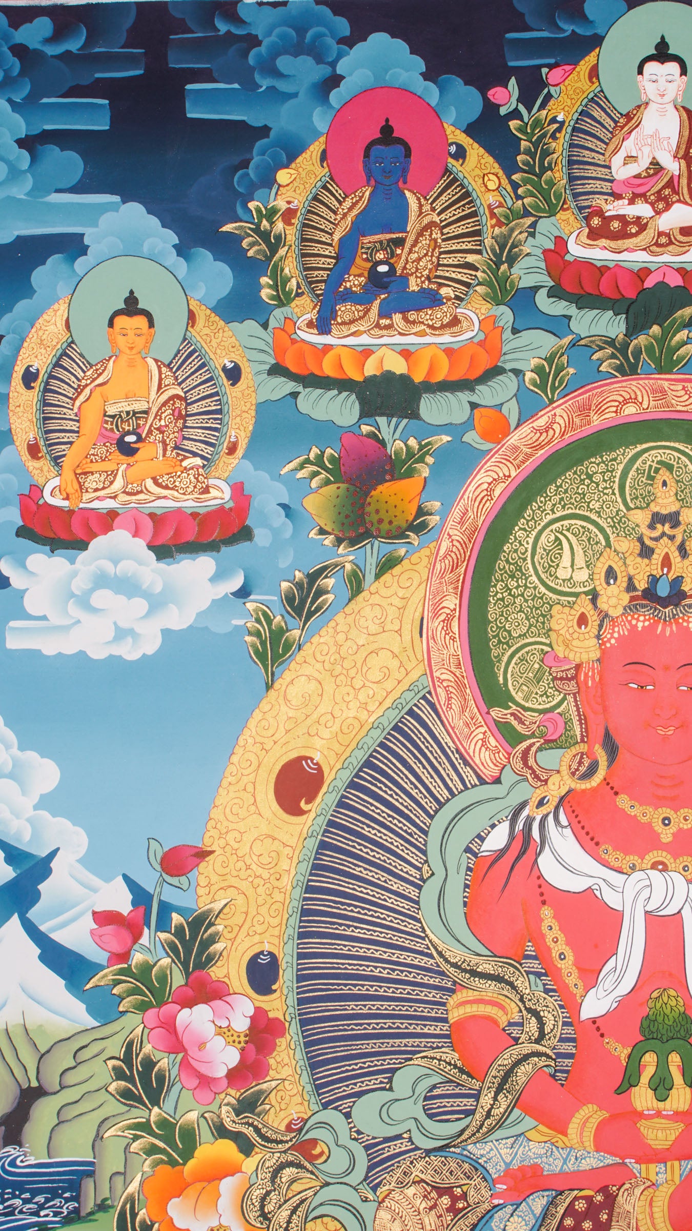 Amitayus Buddha Thangka - A sacred art of Amitayus with Five Dhyani Buddhas representing a unique quality of awakened mind with Namgyalma and White Tara presence.