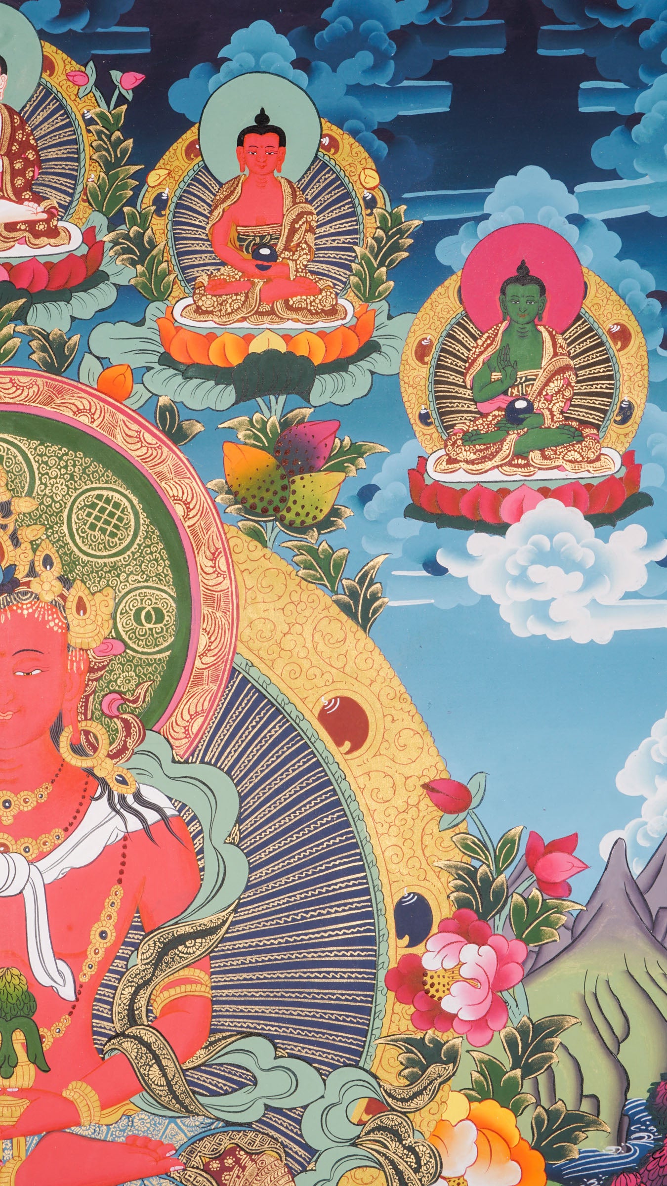 Amitayus Buddha Thangka - A sacred art of Amitayus with Five Dhyani Buddhas representing a unique quality of awakened mind with Namgyalma and White Tara presence.