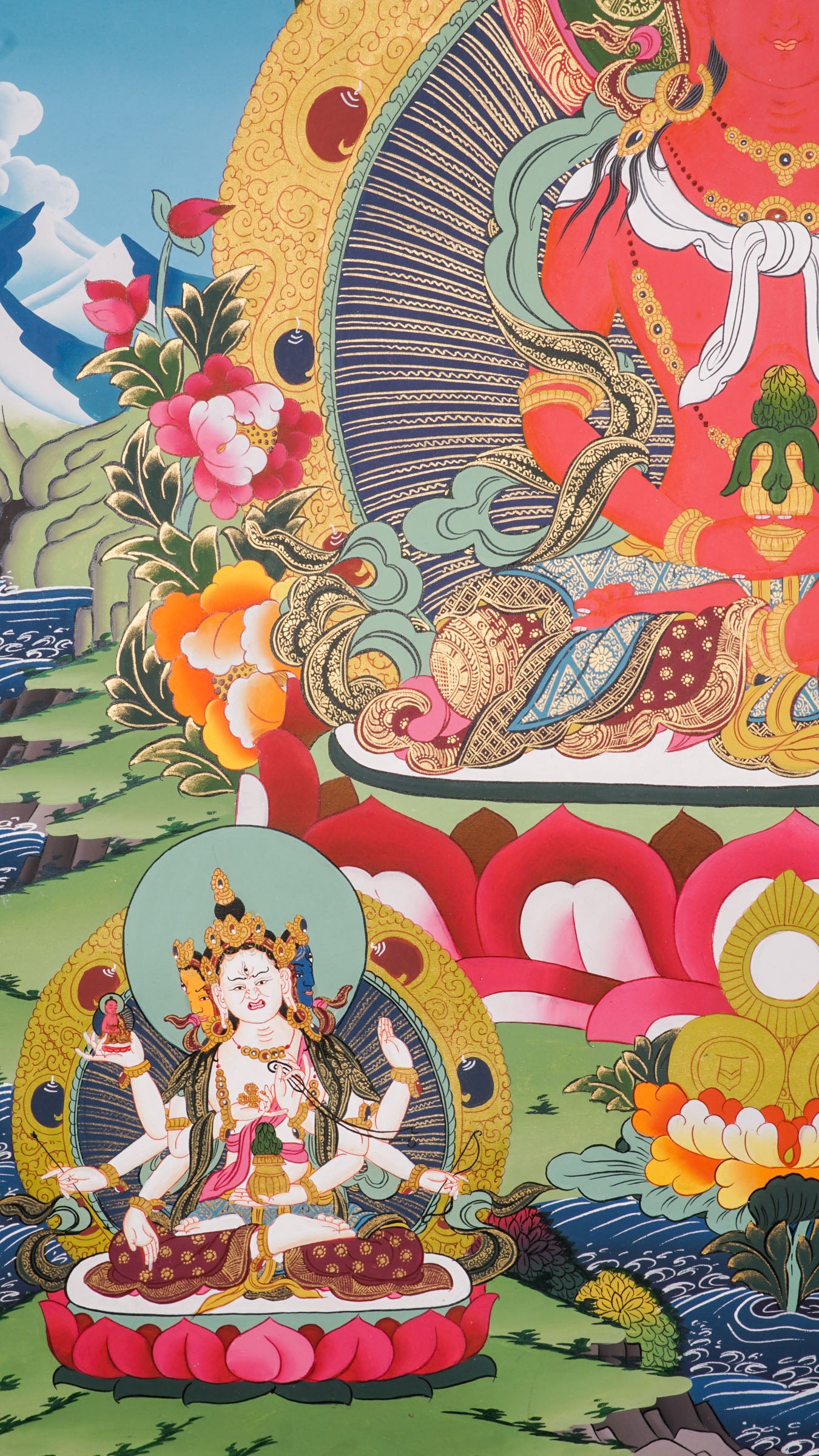 Amitayus Buddha Thangka - A sacred art of Amitayus with Five Dhyani Buddhas representing a unique quality of awakened mind with Namgyalma and White Tara presence.