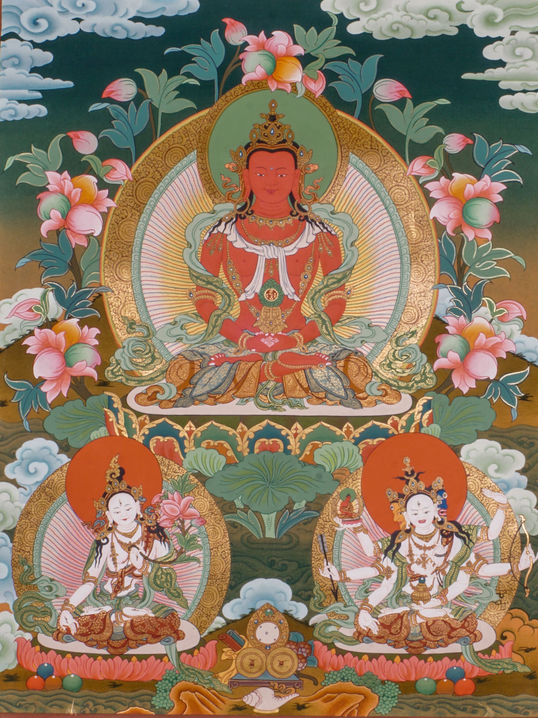 Amitayus Buddha Thangka - a sacred artwork with two divine protectors.