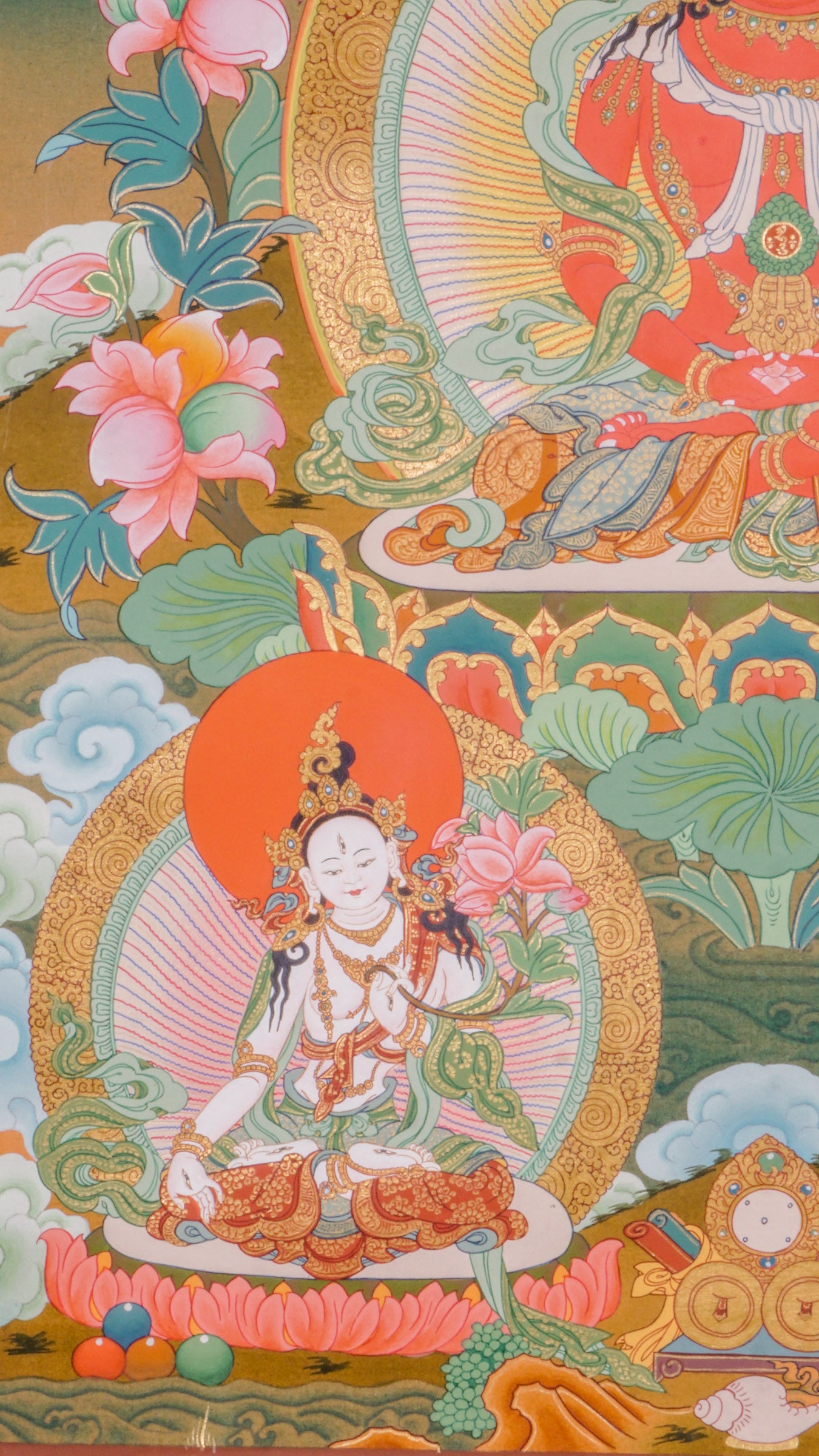 Amitayus Buddha Thangka - a sacred artwork with two divine protectors.