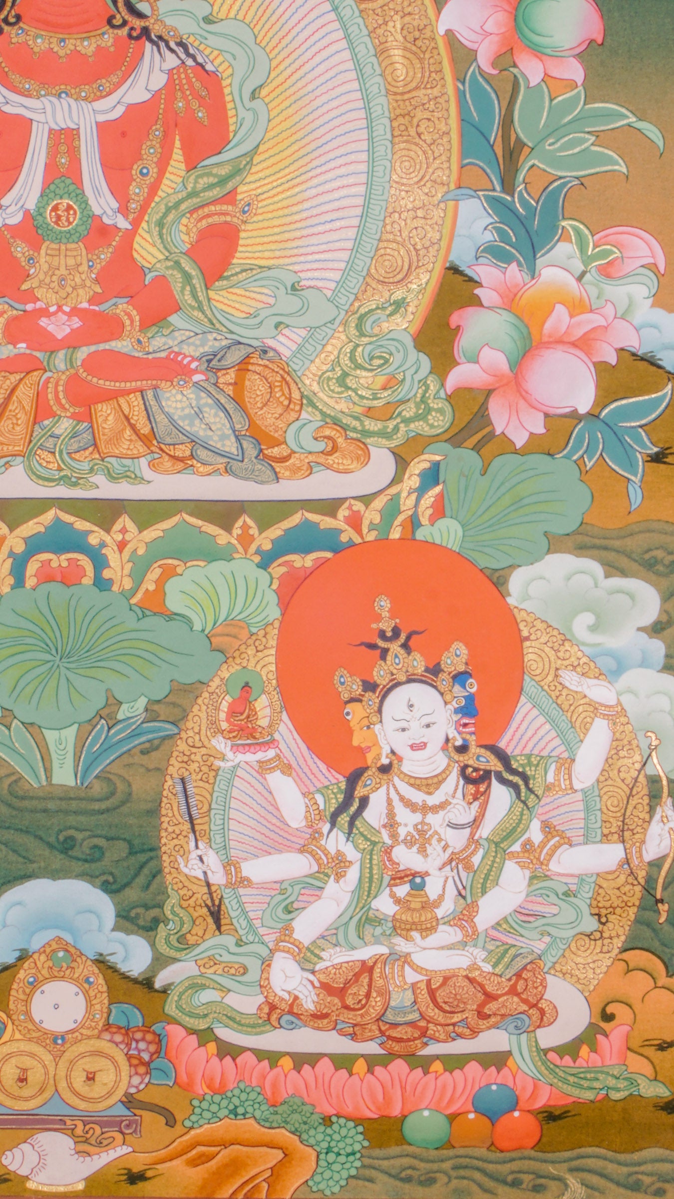 Amitayus Buddha Thangka - a sacred artwork with two divine protectors.