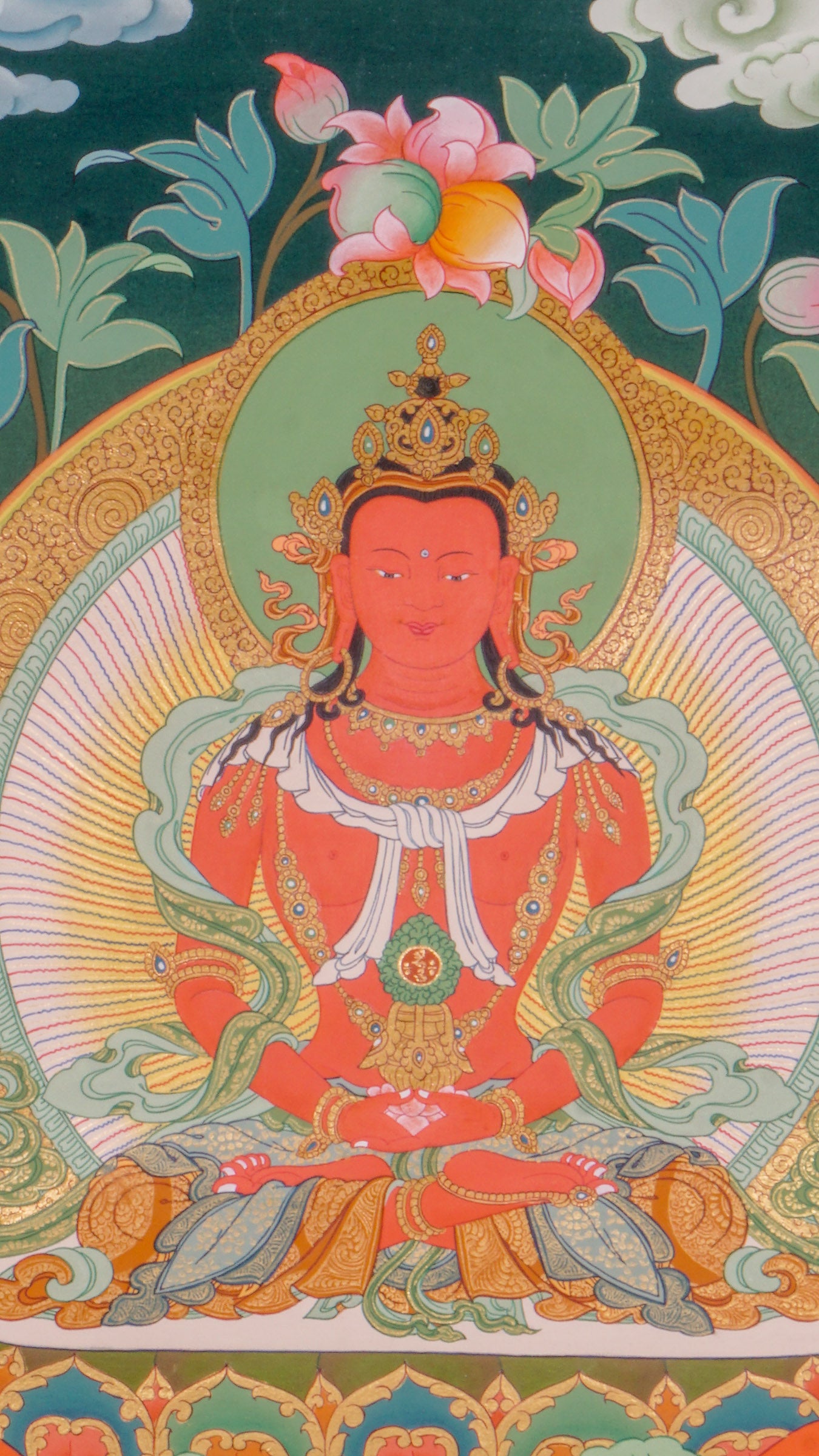 Amitayus Buddha Thangka - a sacred artwork with two divine protectors.