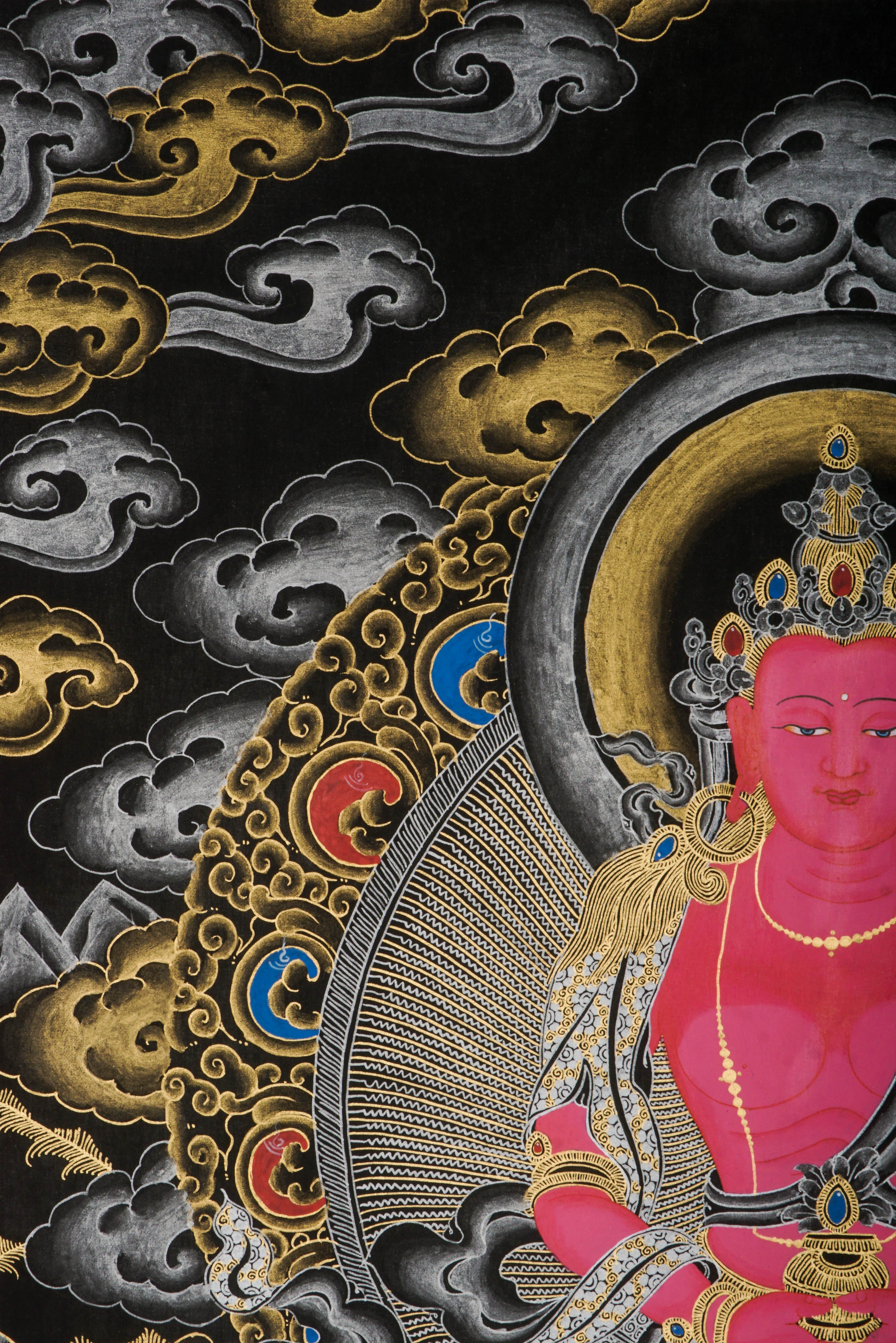 Amitayus Buddha Thangka features the Tibetan Buddha of Eternal Life, symbolizing longevity and health. Hand-painted with natural pigments, this authentic Tibetan artwork brings spiritual blessings and is ideal for home decor.
