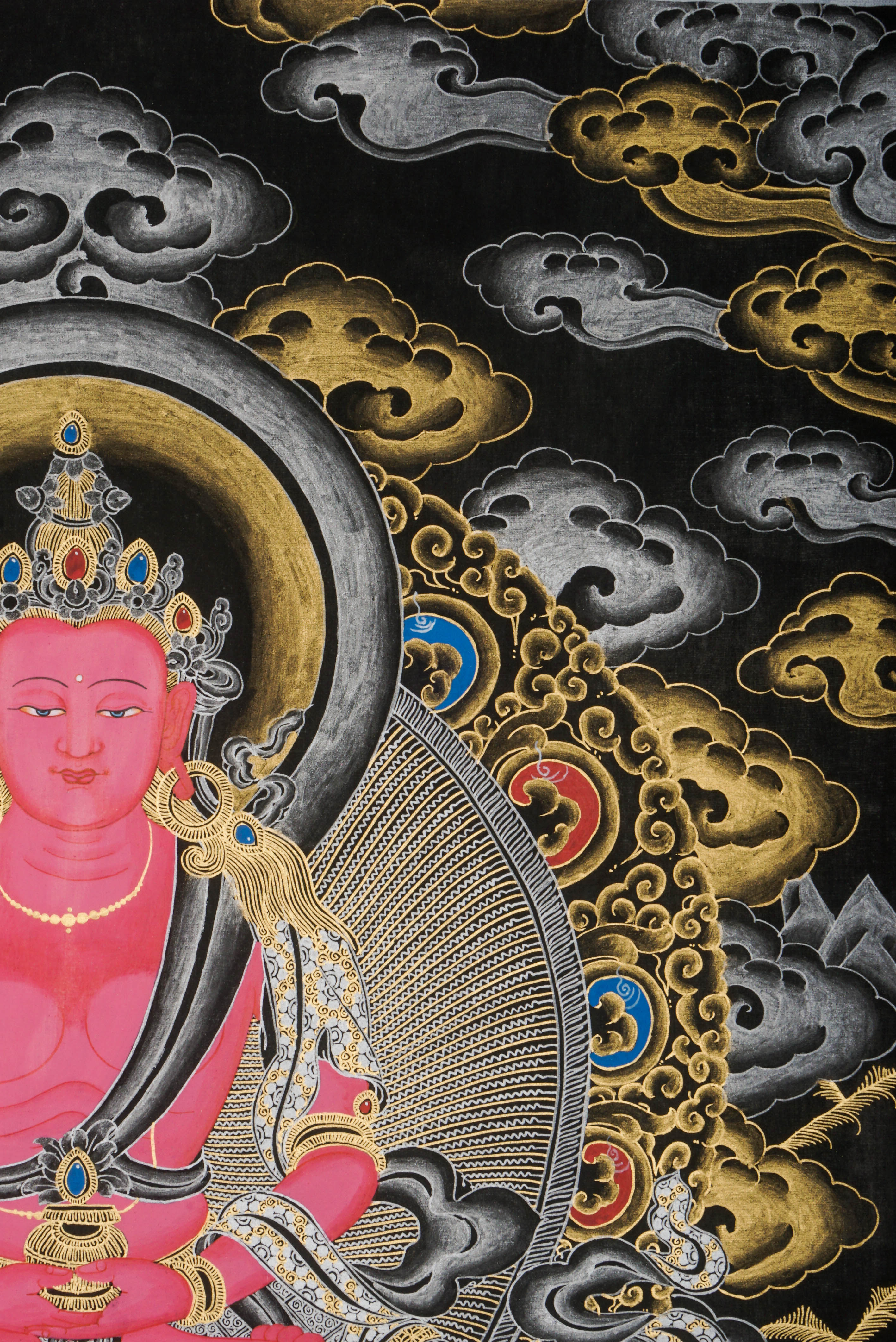 Amitayus Buddha Thangka features the Tibetan Buddha of Eternal Life, symbolizing longevity and health. Hand-painted with natural pigments, this authentic Tibetan artwork brings spiritual blessings and is ideal for home decor.