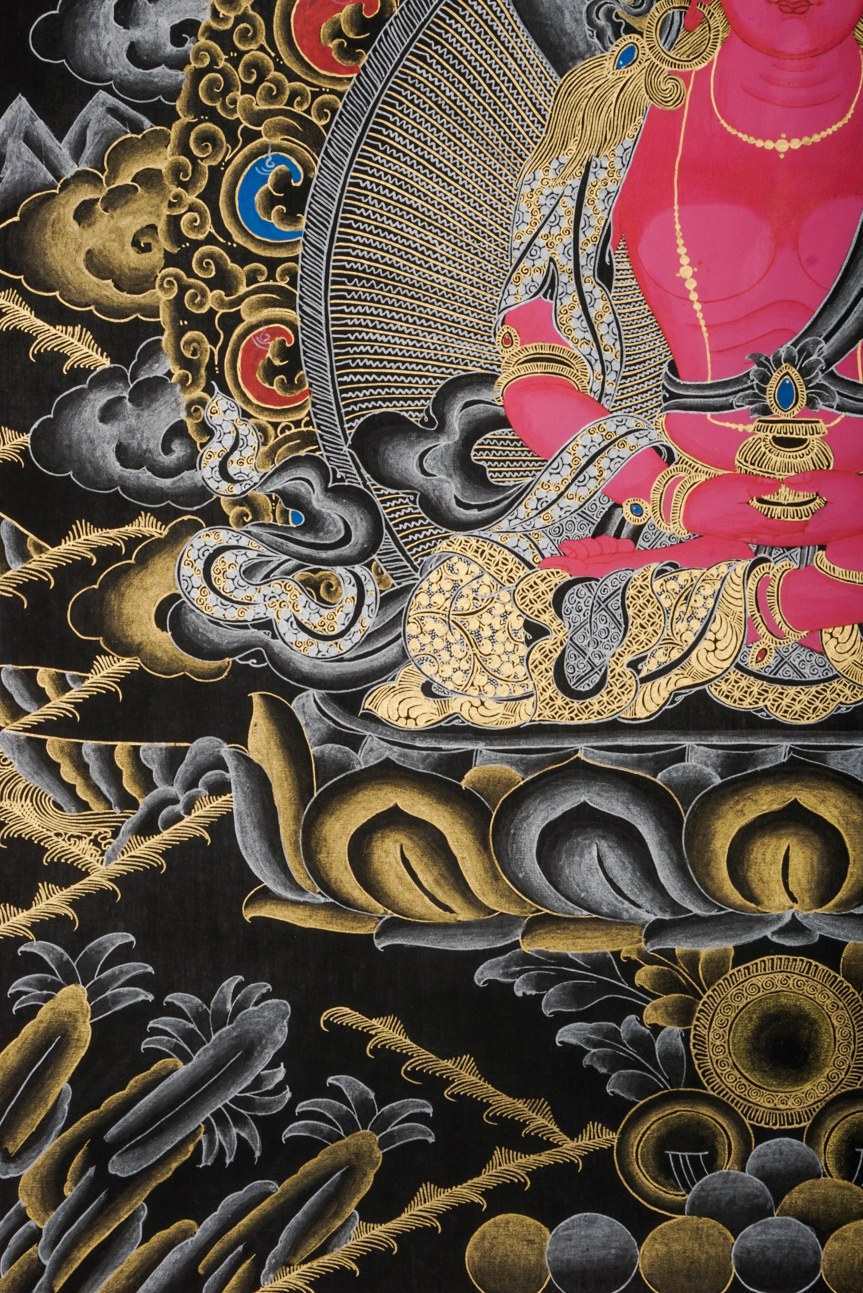 Amitayus Buddha Thangka features the Tibetan Buddha of Eternal Life, symbolizing longevity and health. Hand-painted with natural pigments, this authentic Tibetan artwork brings spiritual blessings and is ideal for home decor.