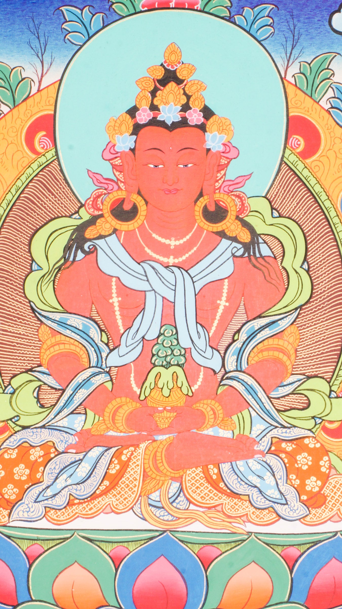 Amitayus Thangka- Exclusive hand-painted art of Amitayus with natural pigments and pure gold.