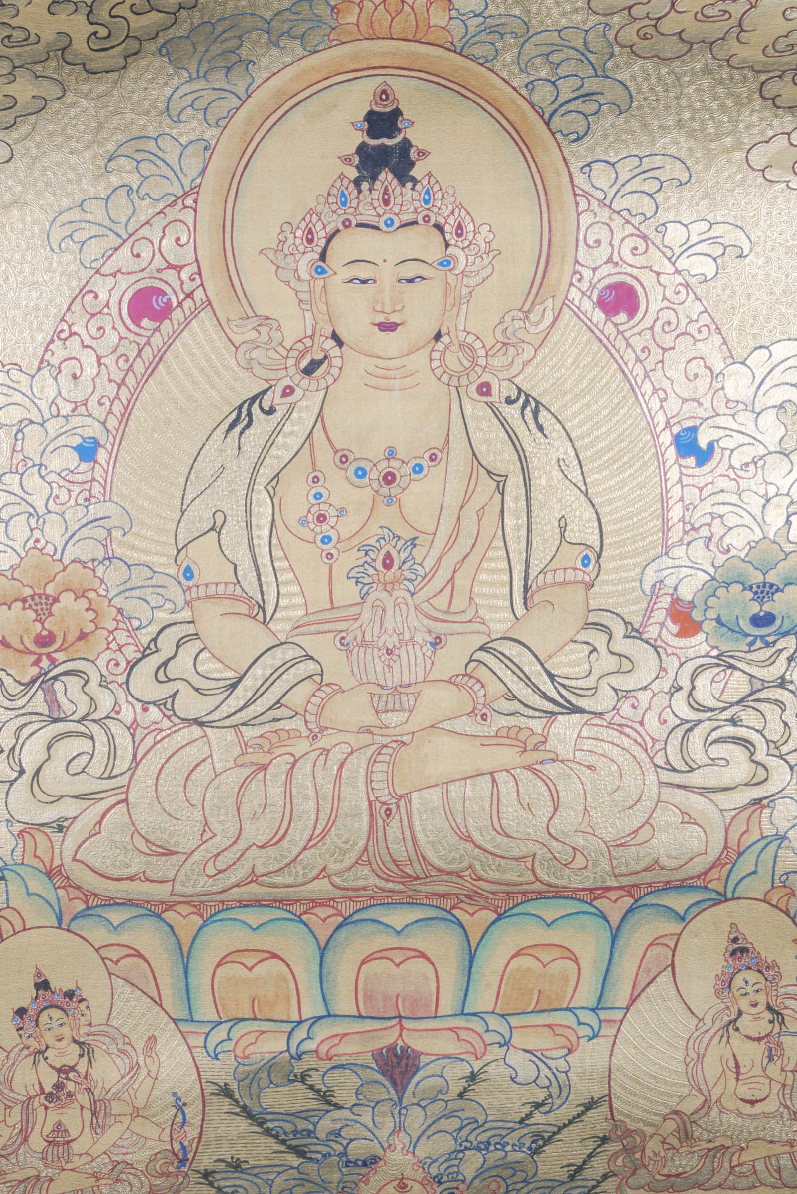 Amitayus Thangka - a sacred hand painting of Amitayus thangka representing long-life vase filled with the nectar of immortality, with Namgyalma and White Tara presence.